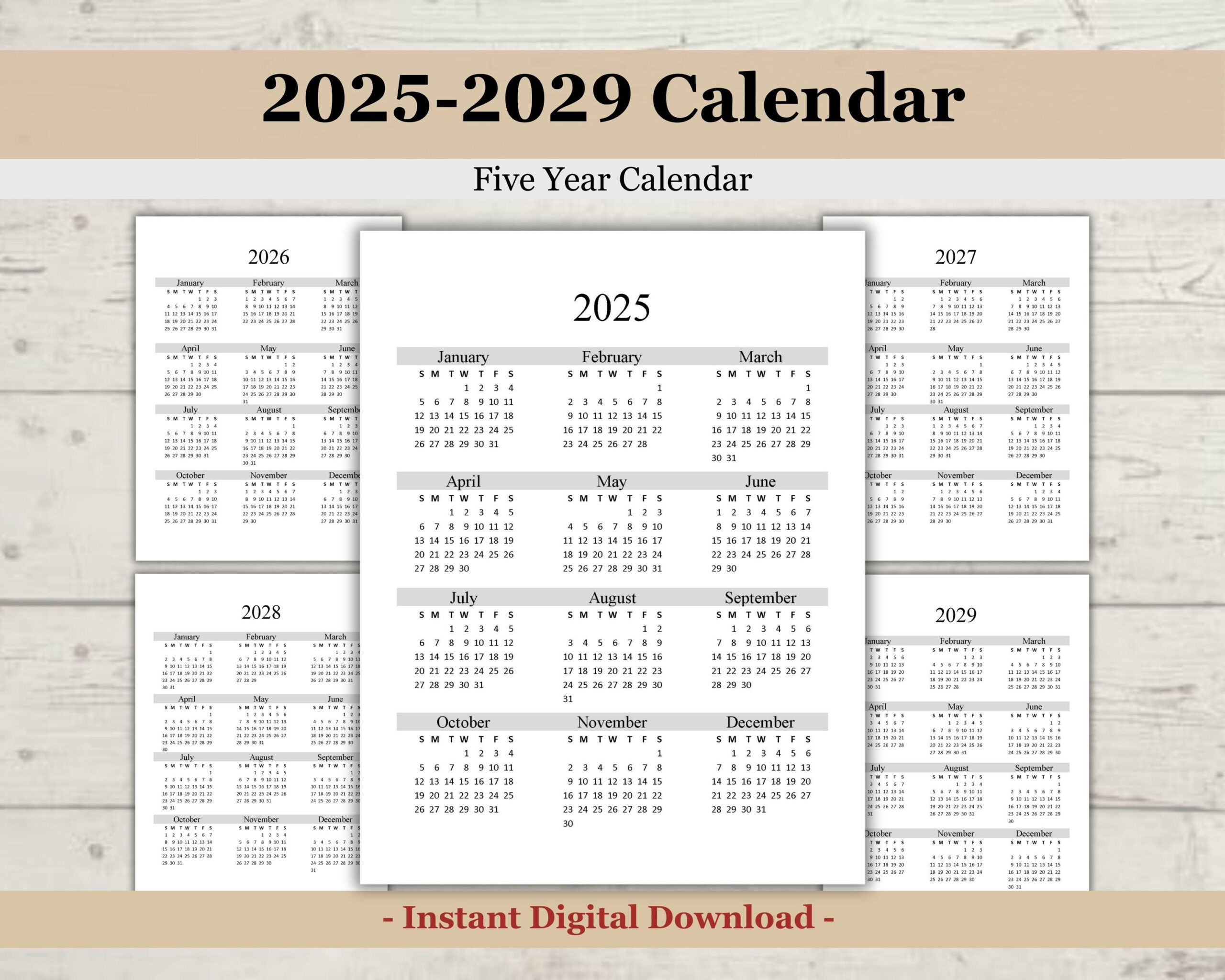 Druckbarer 2025 2029 5 Jahreskalender, 2025 Druckbarer Kalender - 5 Year Calendar 2025 To 2029 Printable
