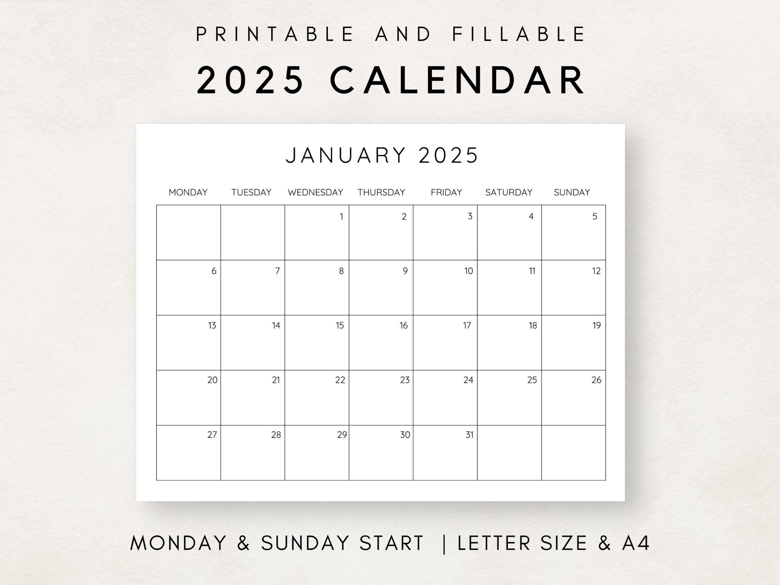 Druckbarer Kalender 2025, Monatskalender 2025, Befüllbarer - 2025 Printable Calendar By Month