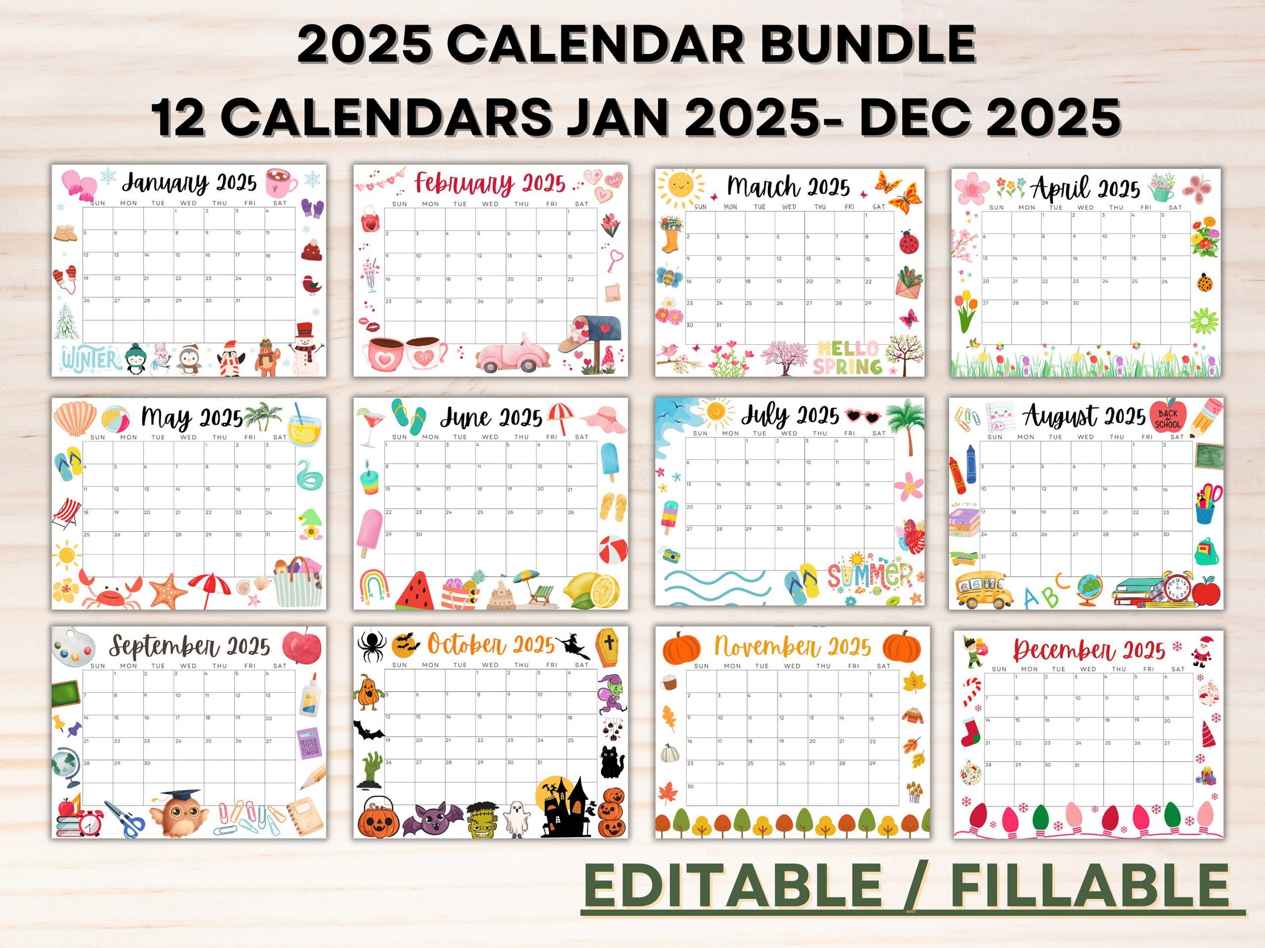 Editable 2025 Calendar Bundle- Printable January Calendar 2025 - Printable Calendar 2025 Hong Kong