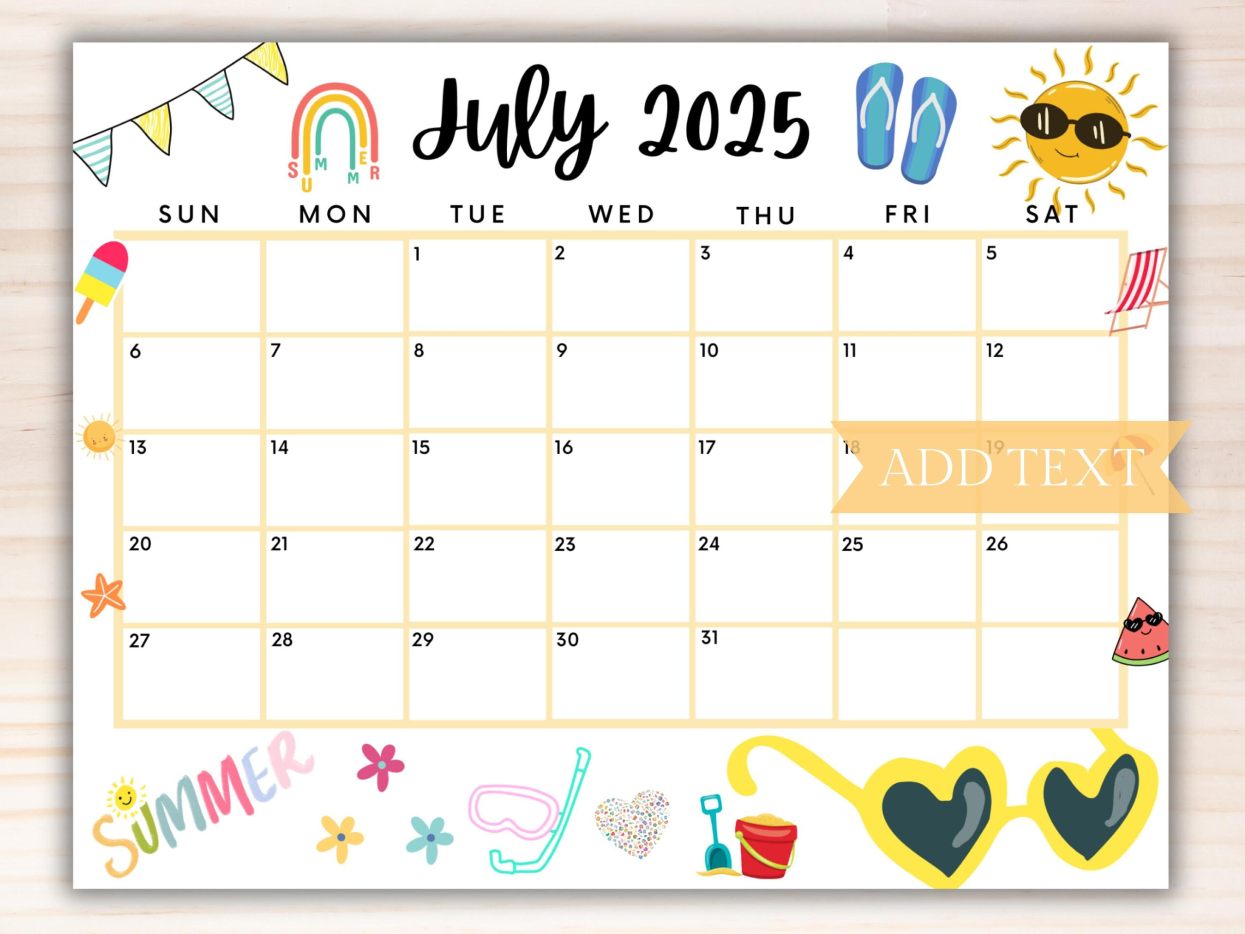 Editable July 2025 Summer Calendar, Printable July Calendar - July Calendar 2025 Homemade Gifts