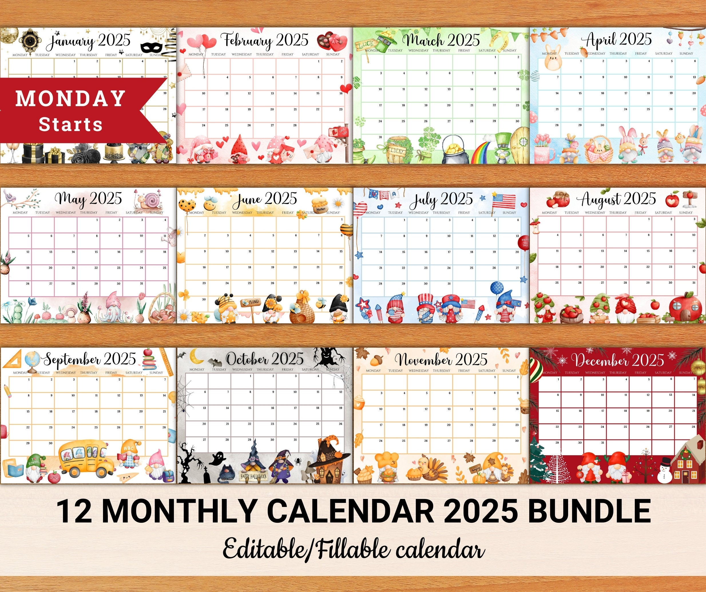 Editable Monthly Calendar 2025 Bundle (Monday Starts), Cute - Printable Calendar 2025 Etsy