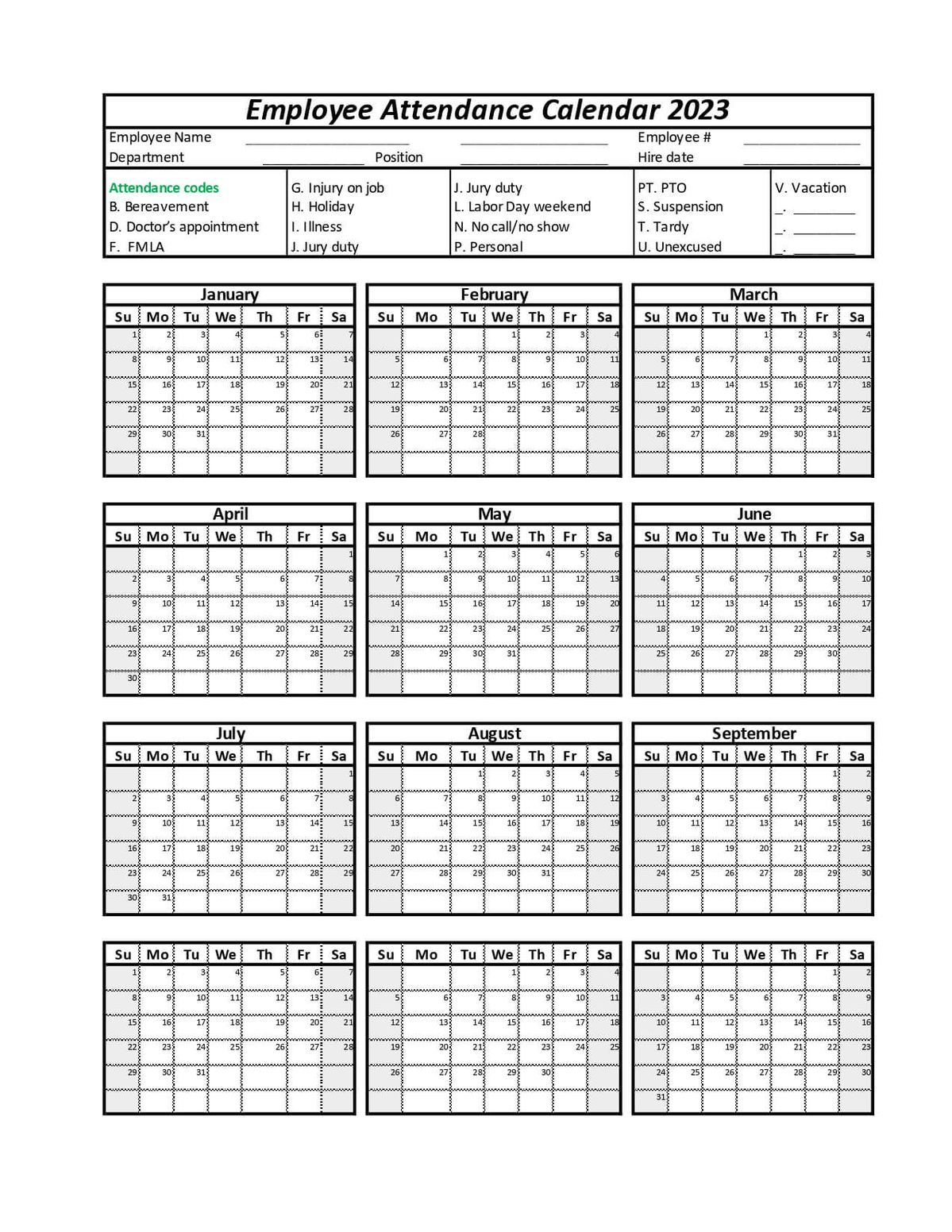 Employee Attendance Calendar - 2025 Employee Attendance Calendar Printable Free Download