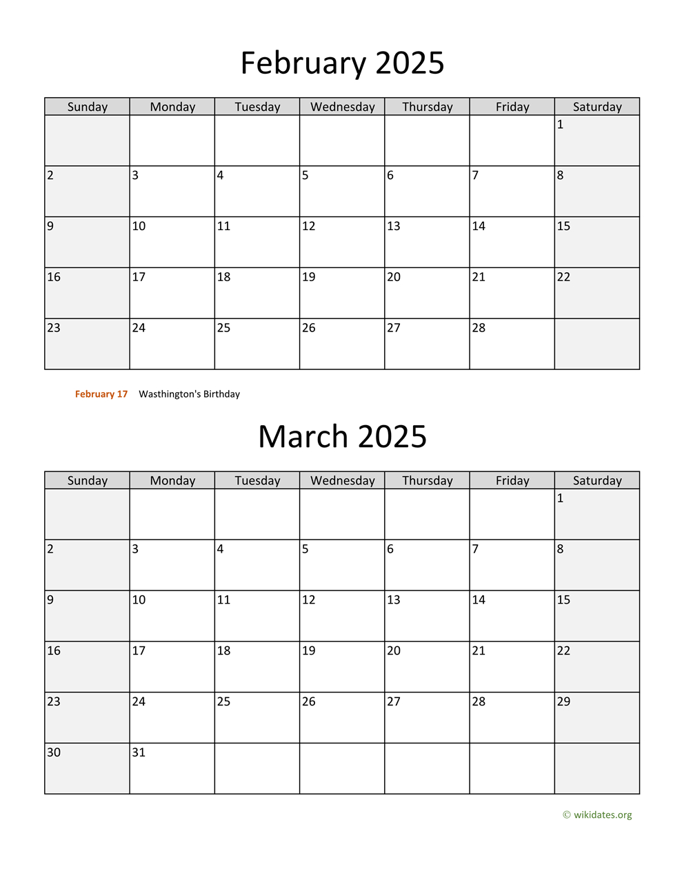 February And March 2025 Calendar | Wikidates - Printable Calendar 2025 February And March