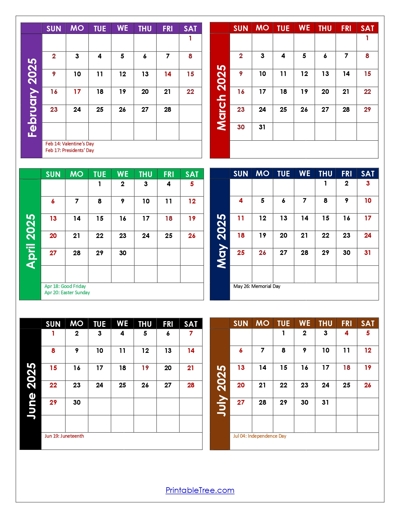 February To July 2025 Calendar Printable Pdf | Six Months Calendar - Calendar Feb July 2025