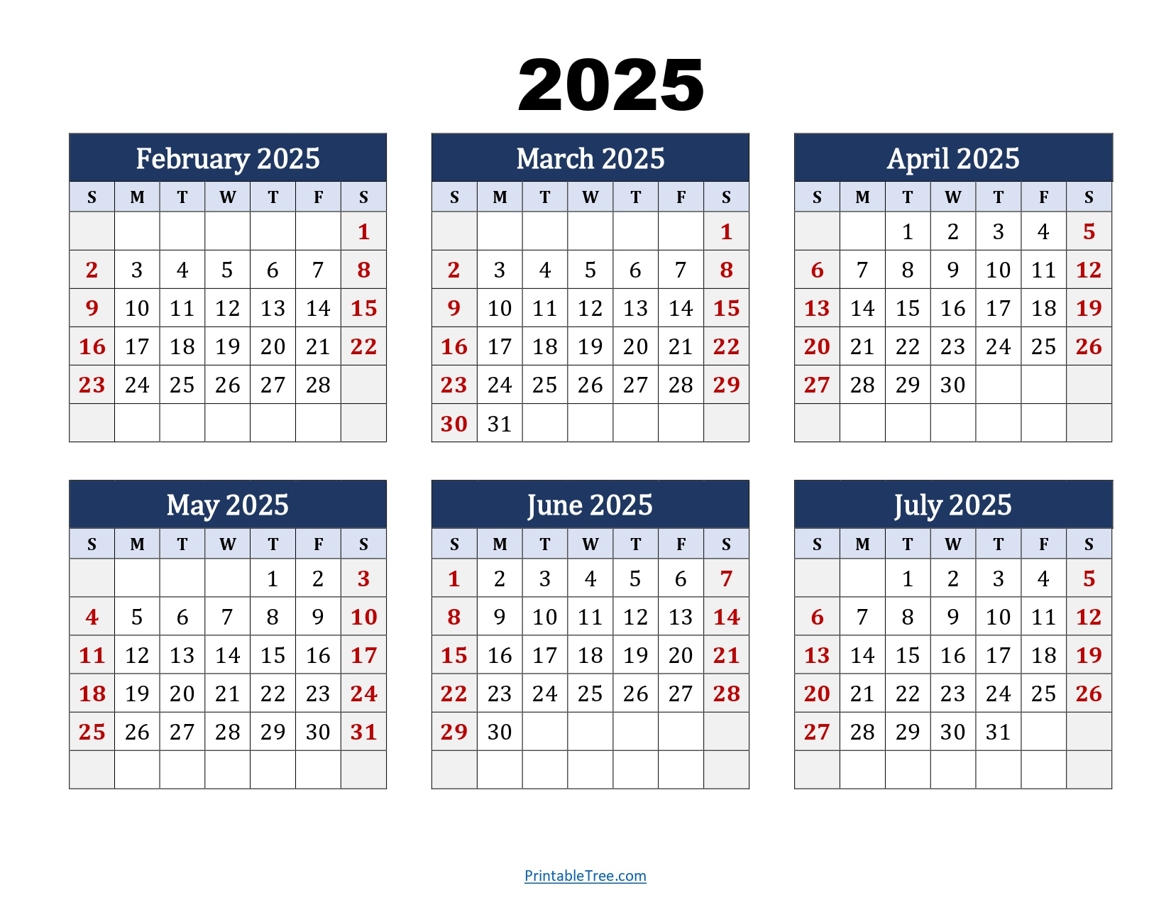 February To July 2025 Calendar Printable Pdf | Six Months Calendar - Calendar Feb July 2025