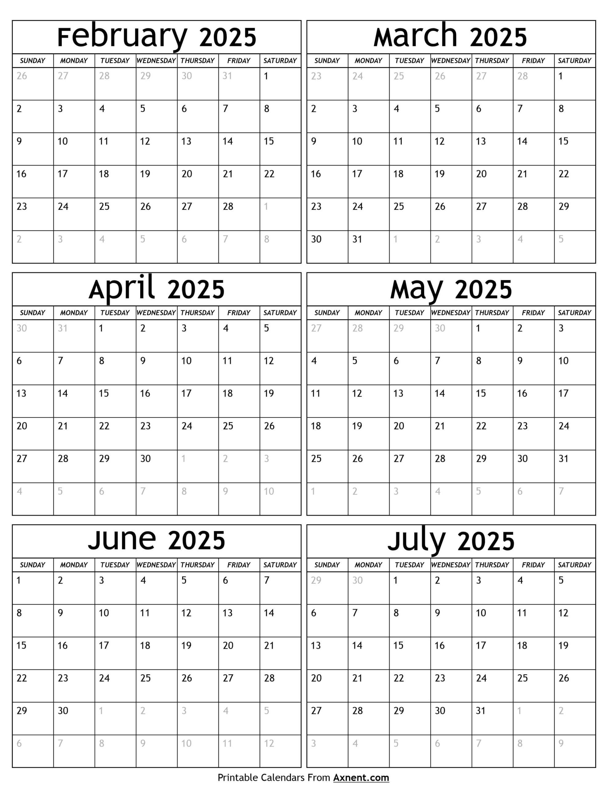 February To July 2025 Calendar Templates - Six Months - Calendar Feb July 2025