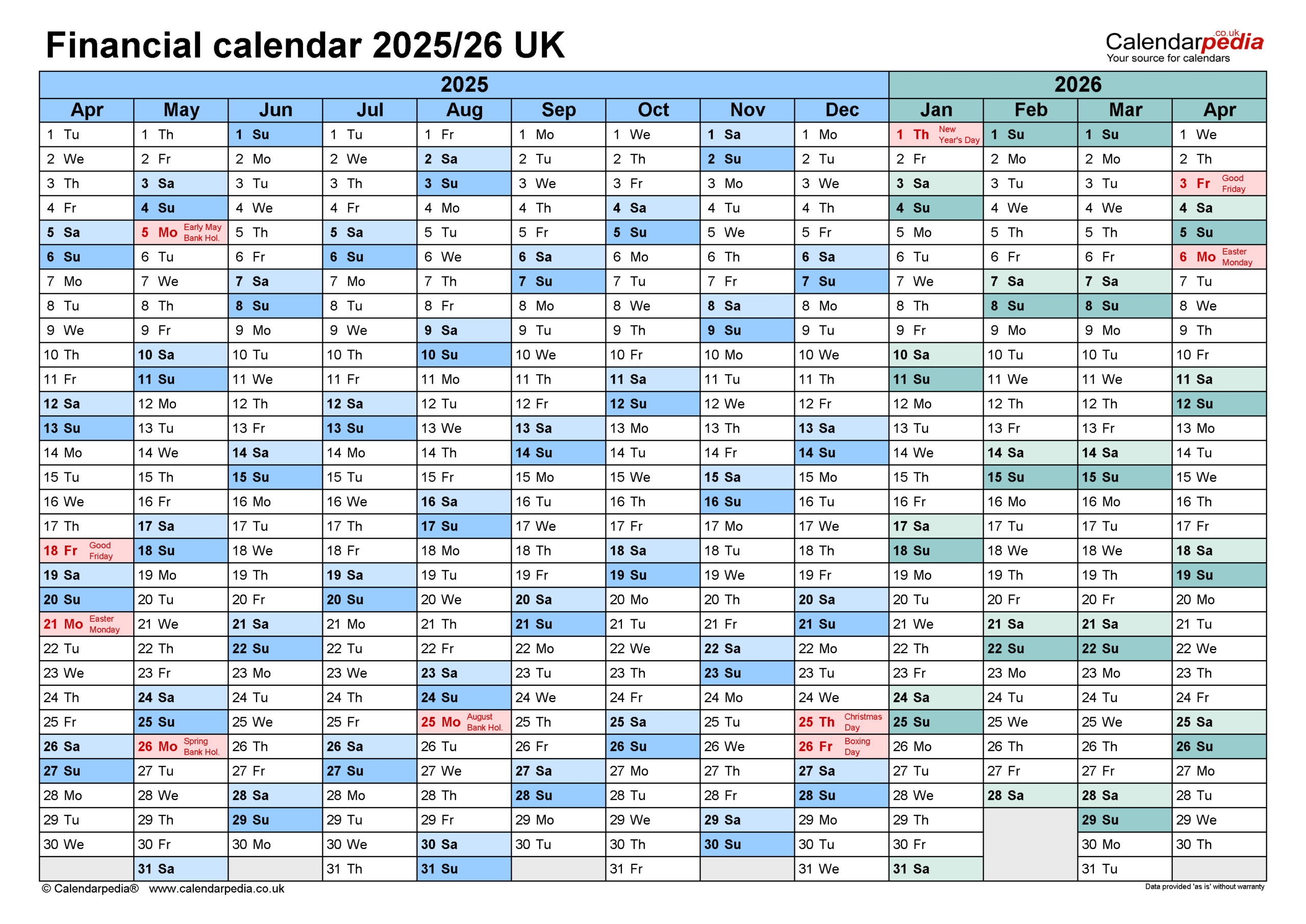 Financial Calendars 2025/26 Uk In Pdf Format - 2025 Accounting Calendar Printable