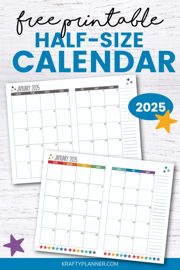 Free 2025 Calendar: Half-Size Landscape — Krafty Planner - Half Page Calendar Printable 2025