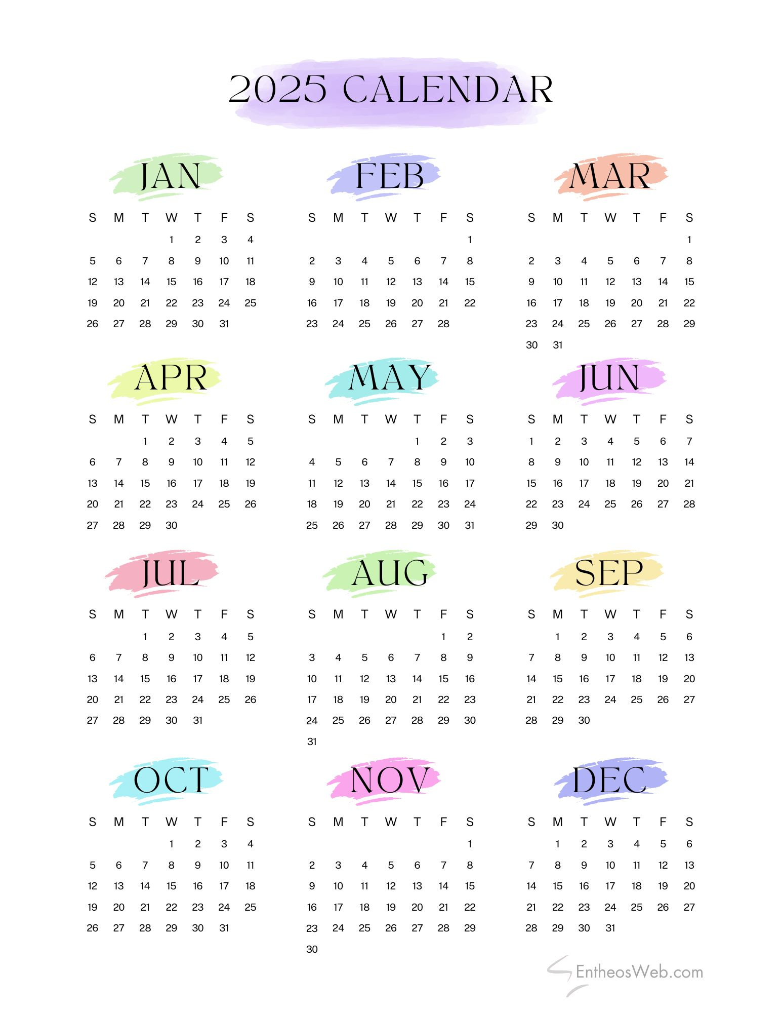 Free 2025 Calendars | Entheosweb - Free Printable 2025 Calendar 8 1/2 X 11