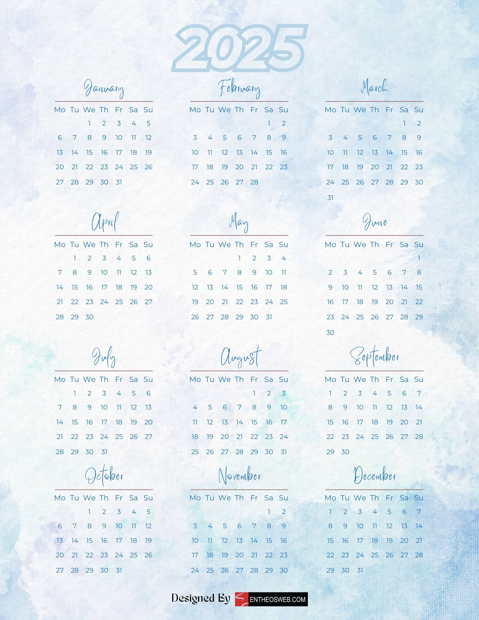 Free 2025 Calendars | Entheosweb - Printable Calendar 2025 Blue