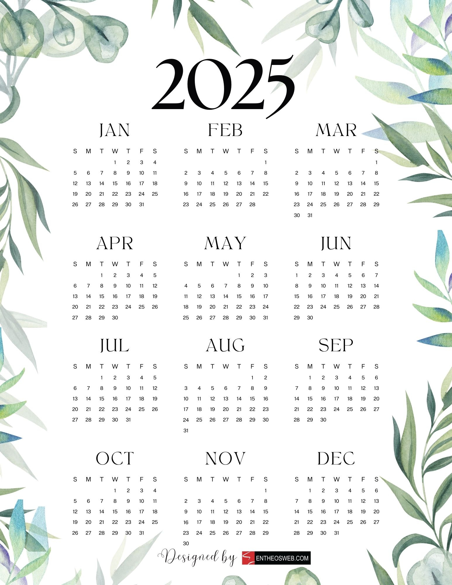 Free 2025 Calendars | Entheosweb - Printable Calendar 2025 Design