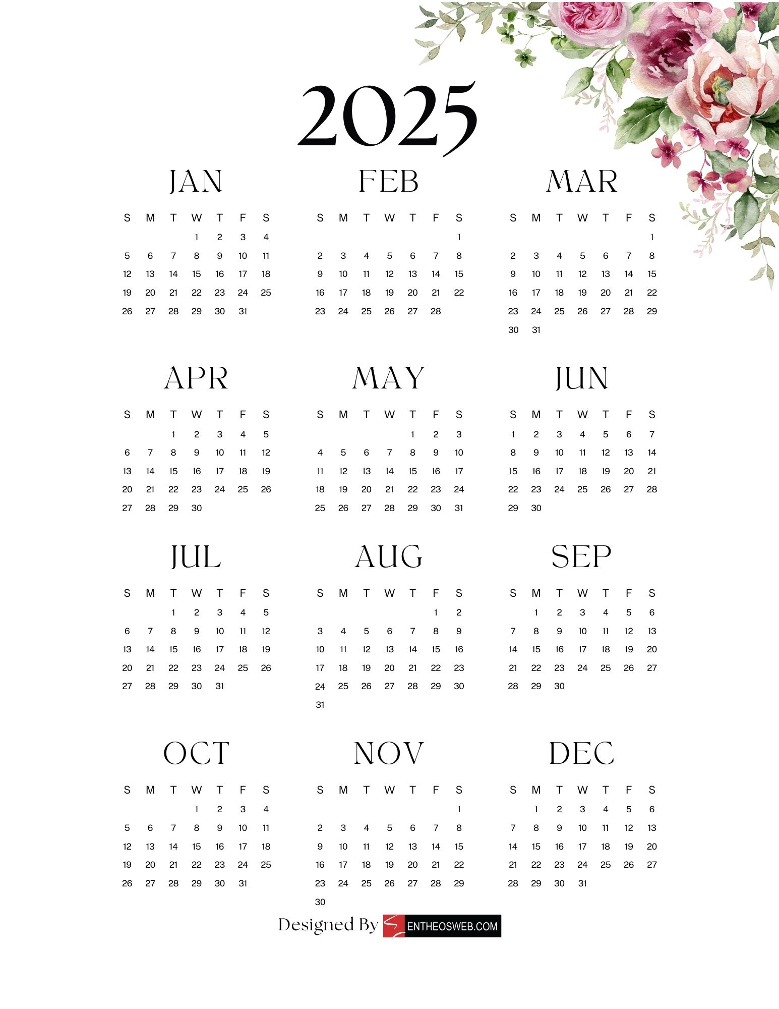 Free 2025 Calendars | Entheosweb - Printable Calendar 2025 with Design