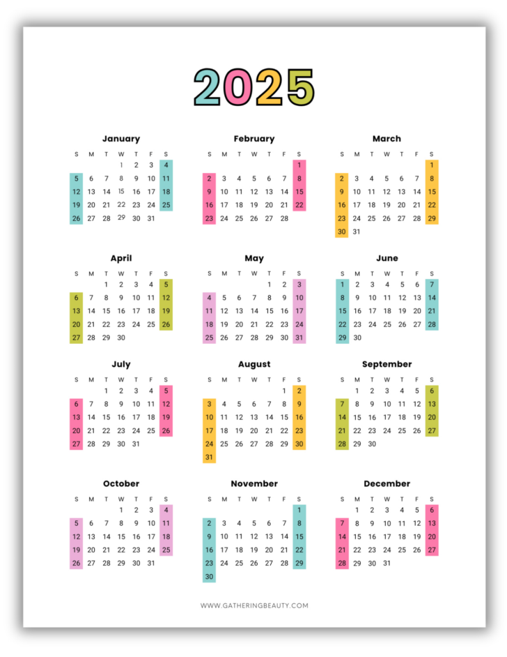 8×10 Printable Calendar 2025