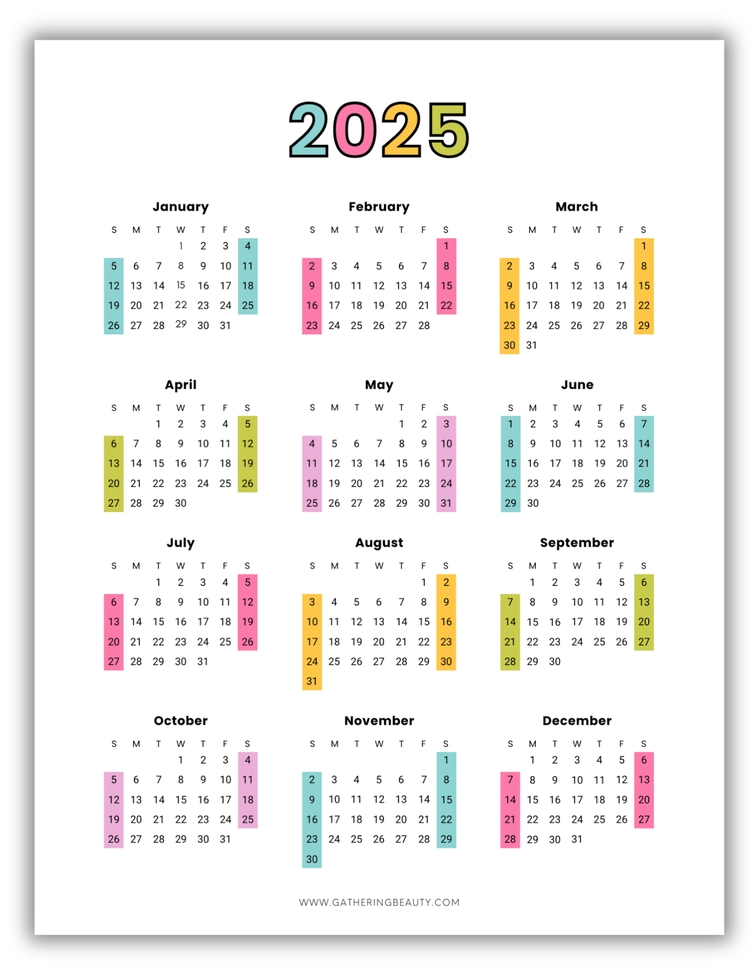 Free 2025 Printable Calendar One Page — Gathering Beauty - 8X10 Printable Calendar 2025