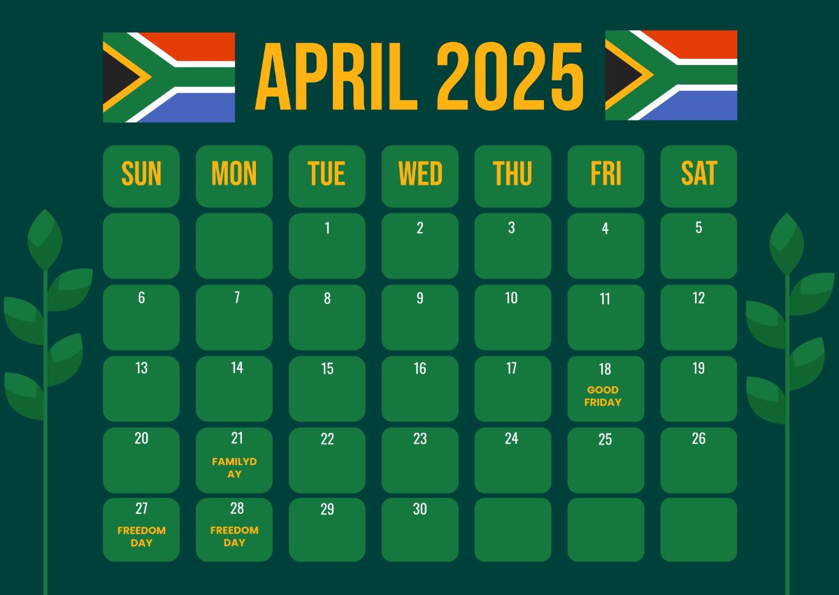Free April 2025 Calendar With South African Holidays Template To - Free Printable Calendar 2025 With Holidays South Africa