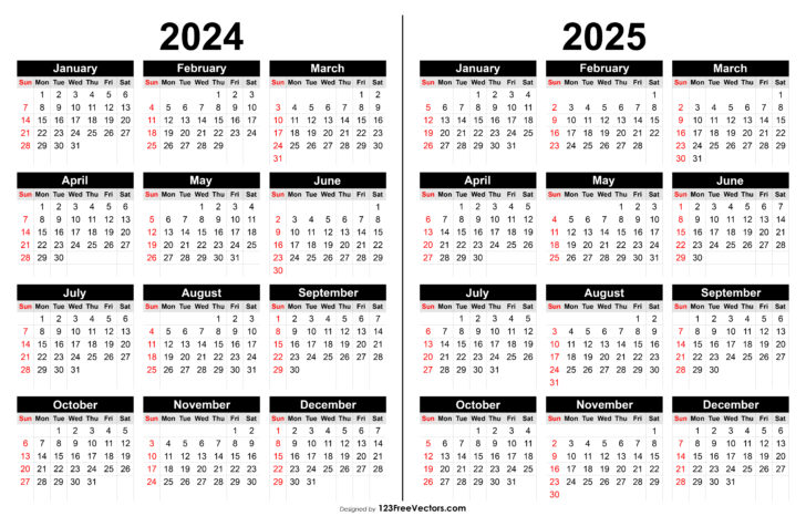 Free Printable Yearly Calendar 2024 and 2025