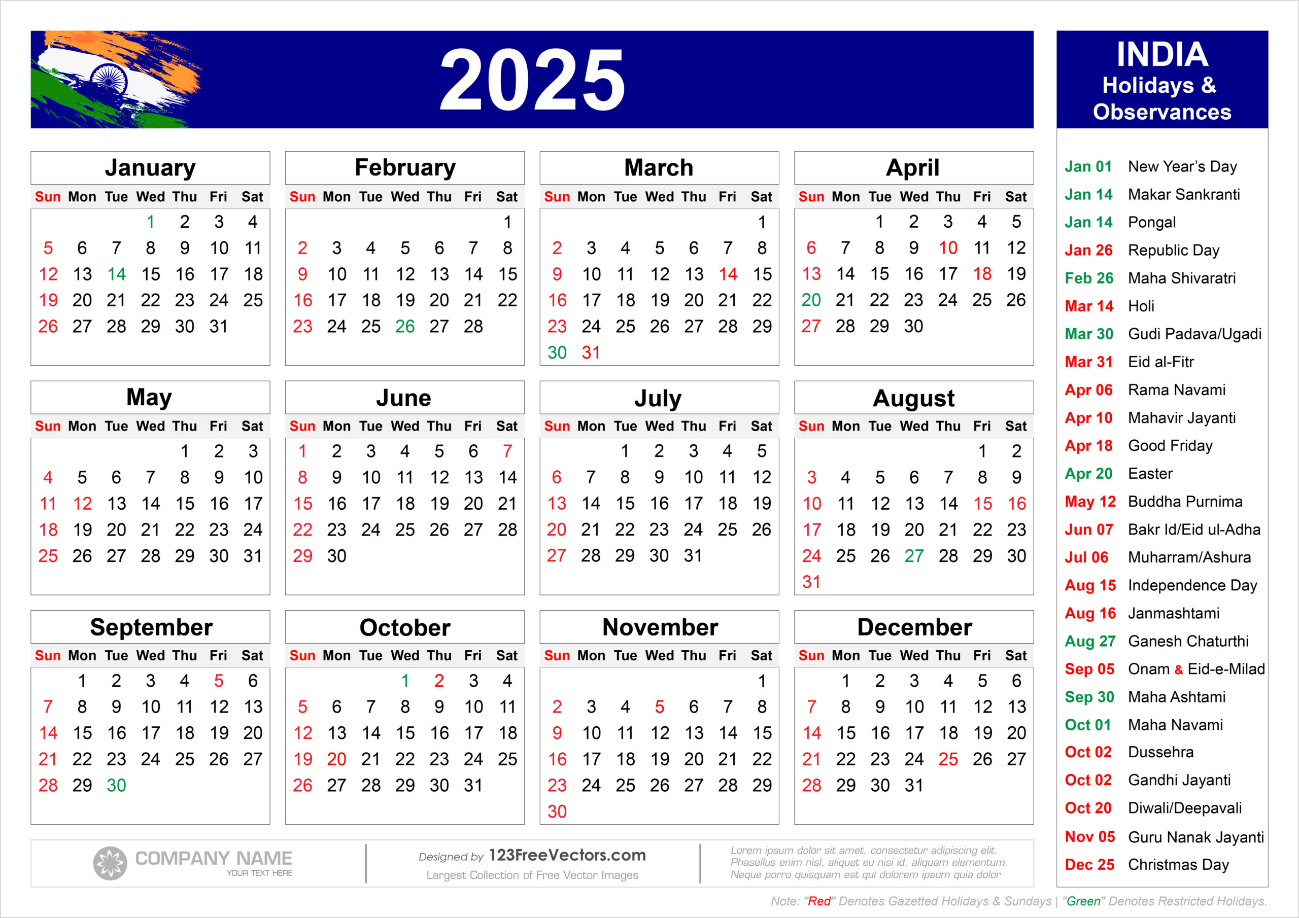 Free Download Calendar 2025 India - Printable Calendar 2025 with Indian Holidays