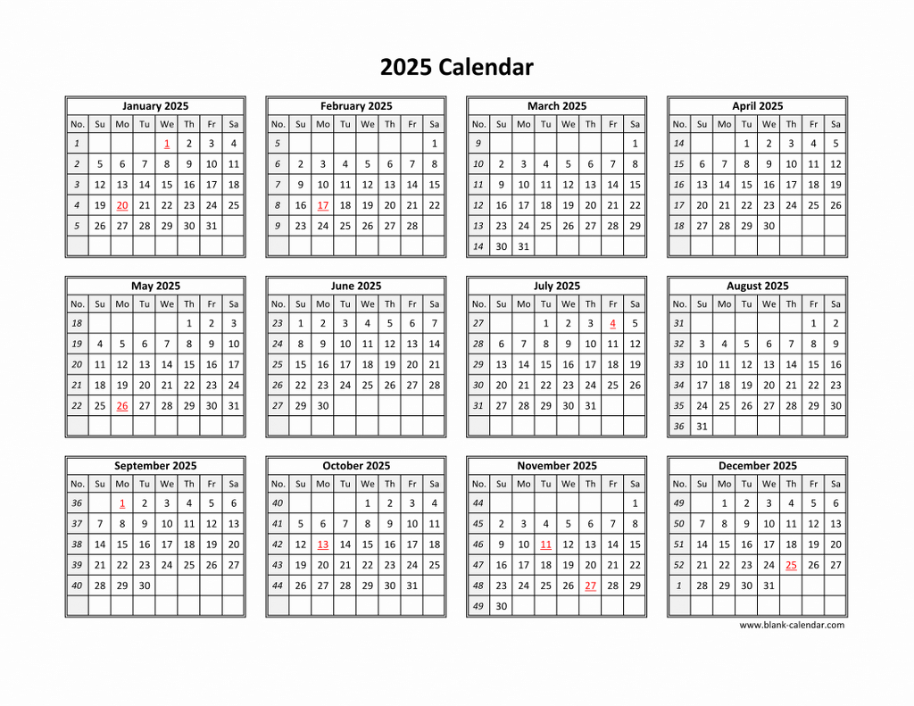 Free Download Printable Calendar 2025 In One Page, Clean Design. - Printable 2025 Calendar with Boxes