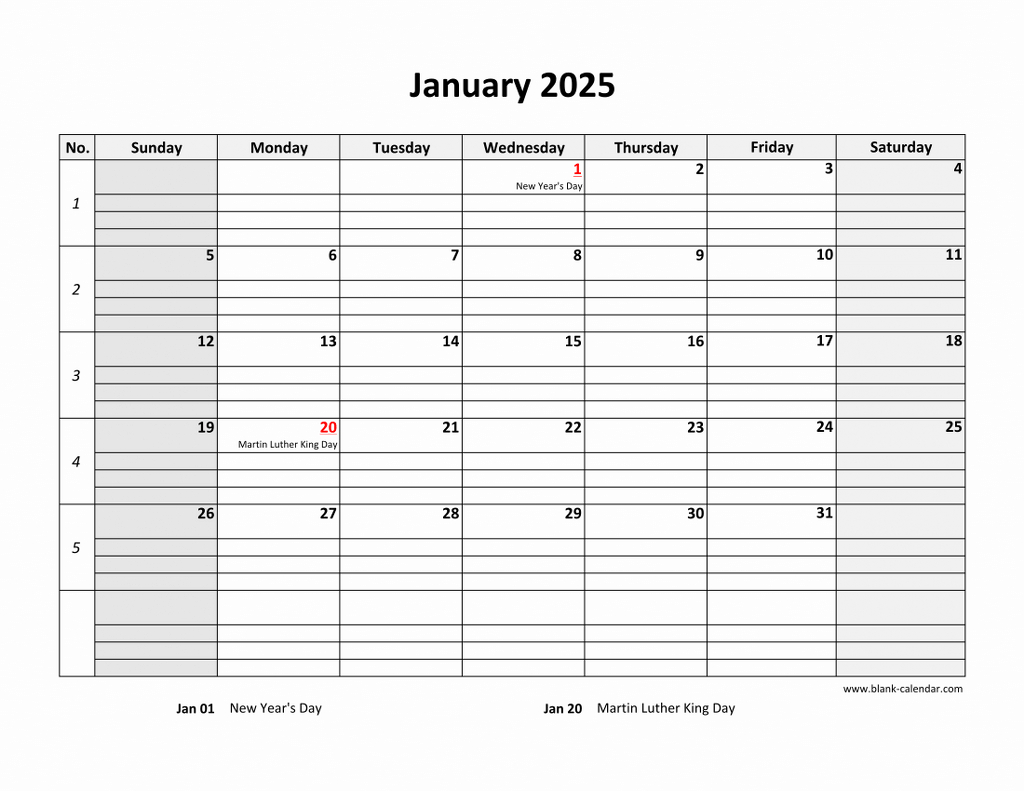Free Download Printable Calendar 2025, Large Box Grid, Space For Notes - Printable Calendar 2025 Lined