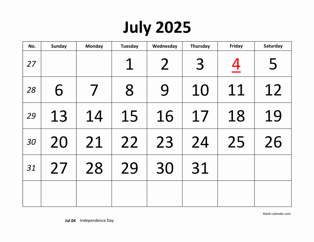 Free Download Printable July 2025 Calendar, Large Font Design - July 2025 Large Print Calendar