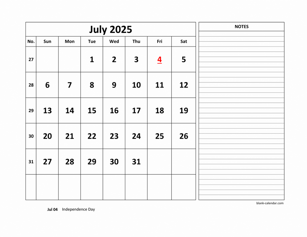 Free Download Printable July 2025 Calendar, Large Space For - July 2025 Calendar with Notes