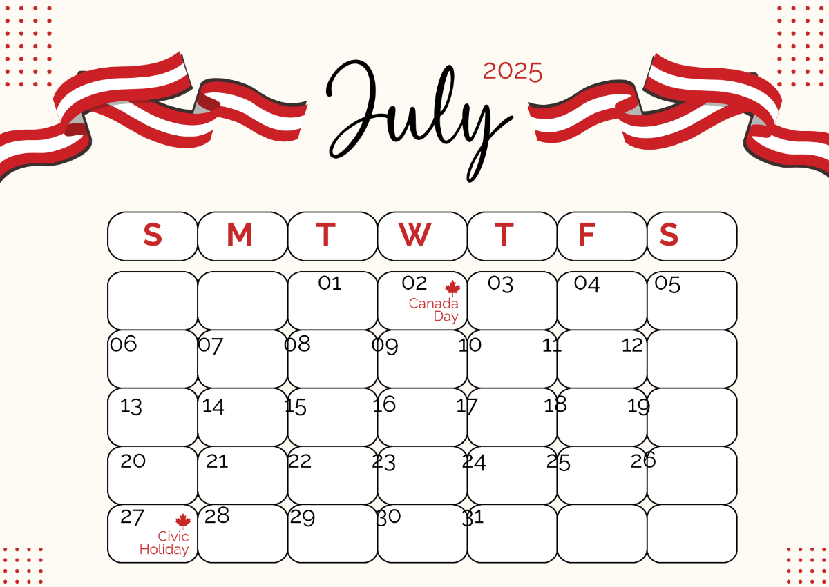 Free July 2025 Calendar Templates, Editable And Printable - July 2025 Canada Calendar Printable