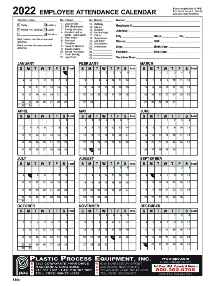 Free Printable 2025 Employee Attendance Calendar