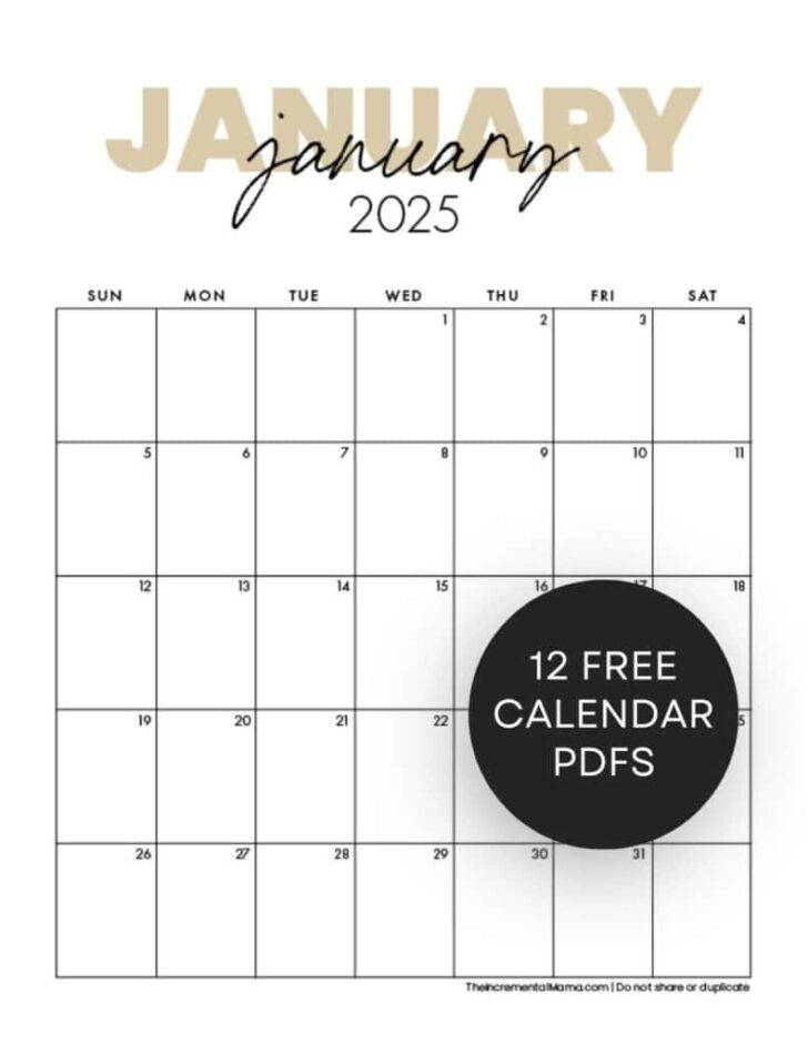 12 Month Calendar 2025 Printable Free