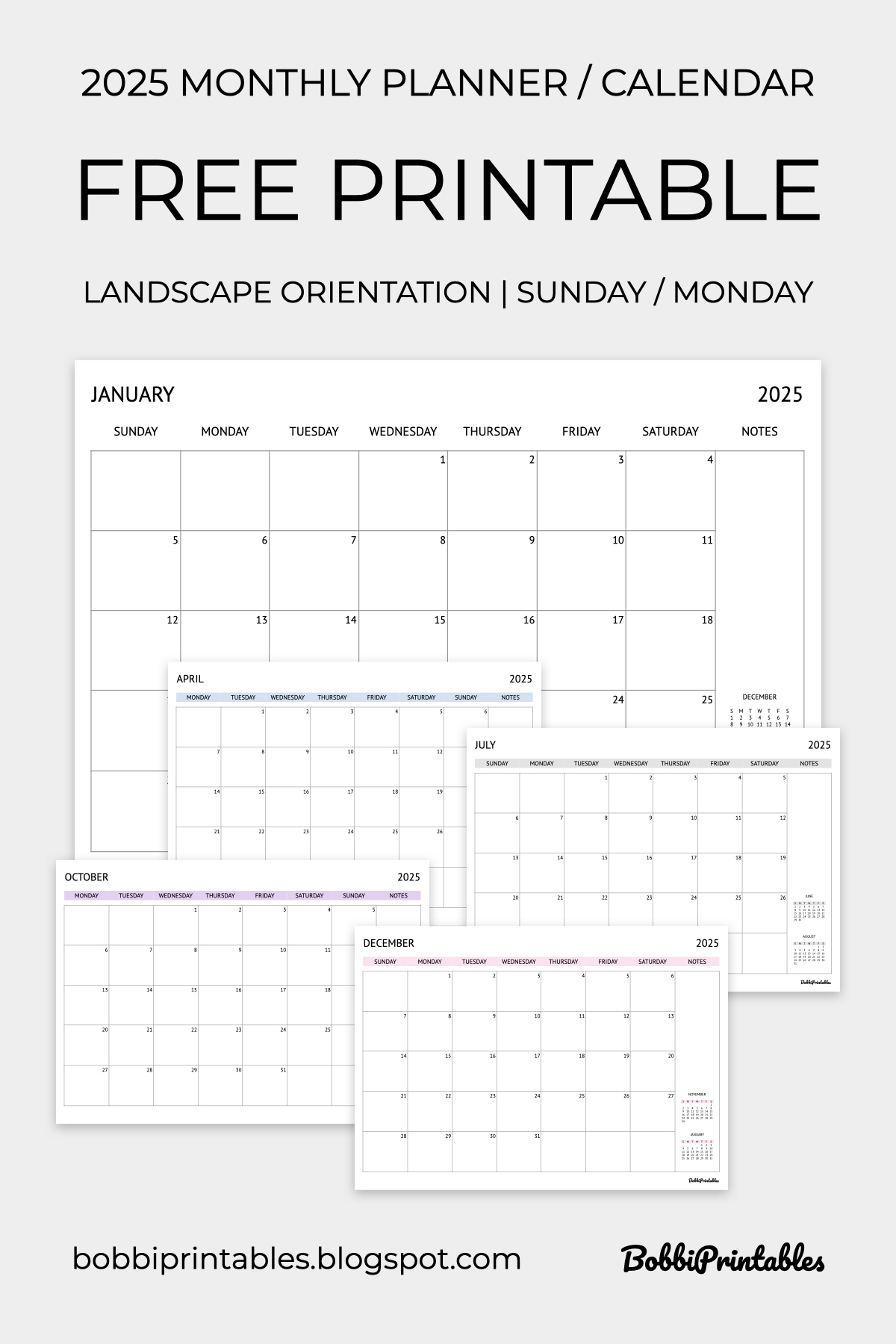 Free Printable 2025 Monthly Planner Calendar - Landscape Orientation - Printable Budget Calendar 2025