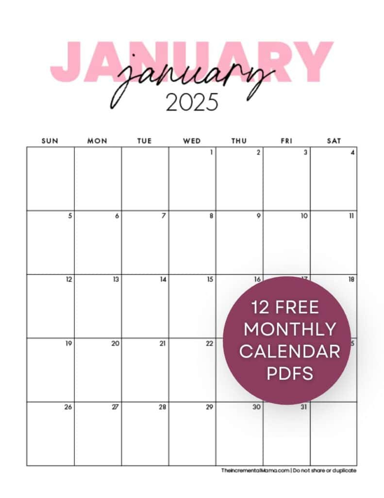 Free Printable 2025 Pink Calendar Templates - The Incremental Mama - Printable Calendar 2025 Pink