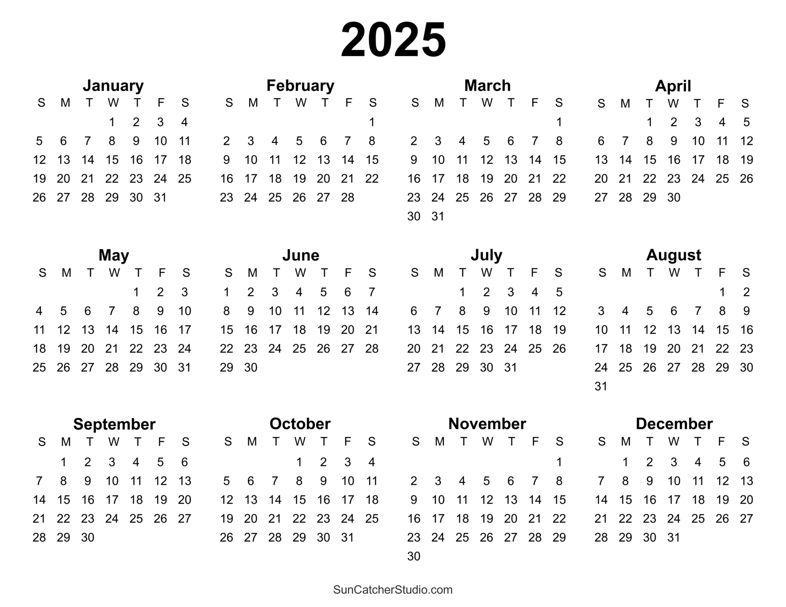 Free Printable 2025 Yearly Calendar – Free Printables, Monograms - Free Printable 2025 12 Month Calendar