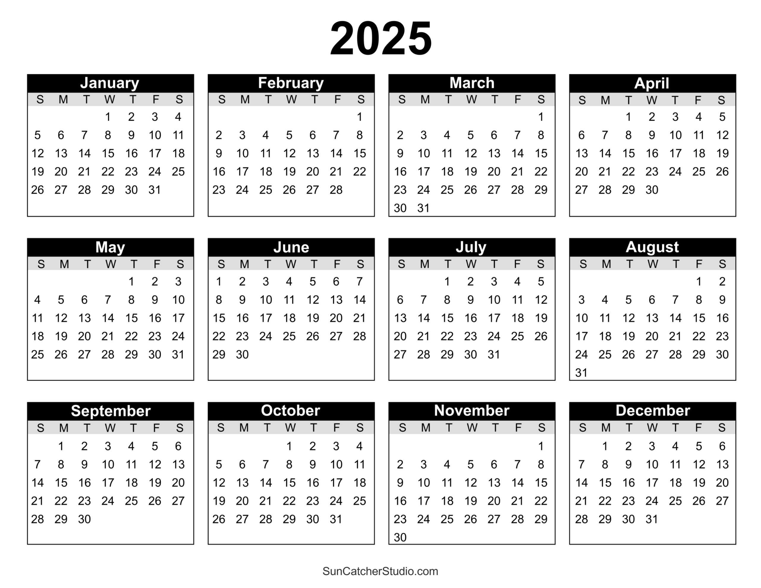 Free Printable 2025 Yearly Calendar – Free Printables, Monograms - Free Printable Calendar 2025 Horizontal