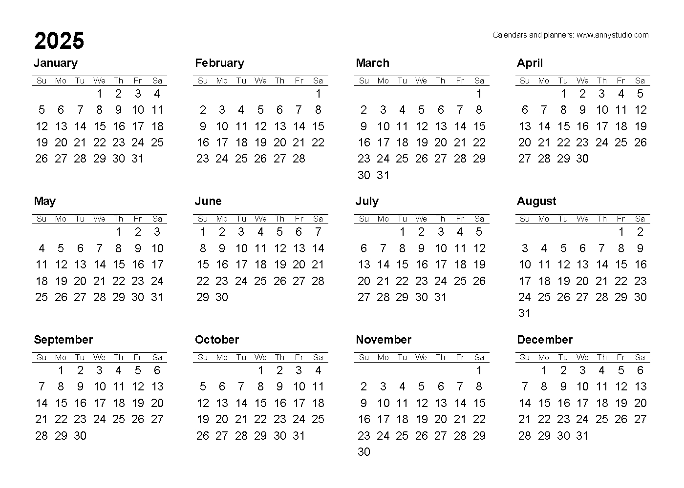 Free Printable Calendars And Planners 2025, 2026 And 2027 - Free Printable 2025 One Page Calendar