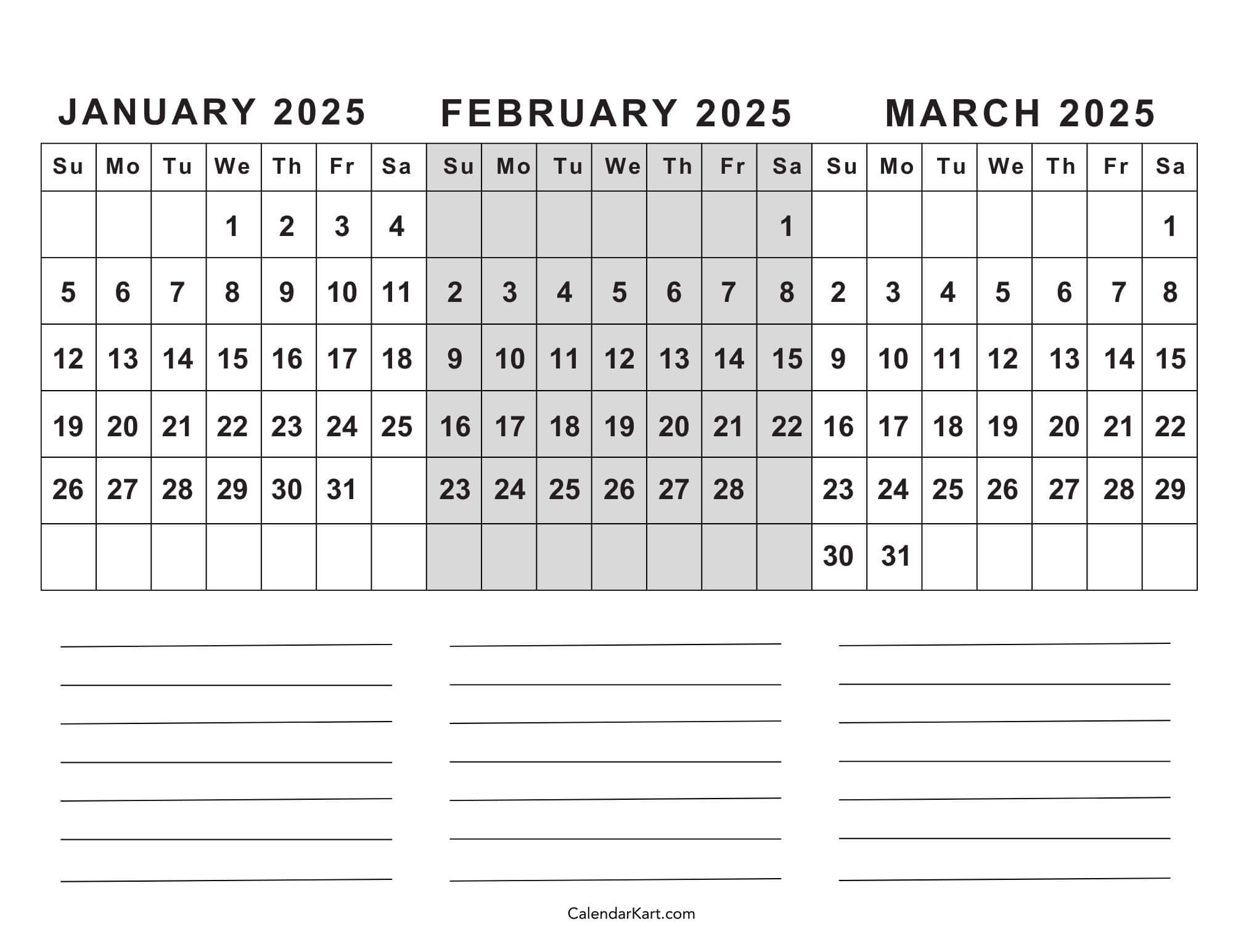 Free Printable January To March 2025 Calendar - Calendarkart - Printable Calendar 2025 Jan Feb March