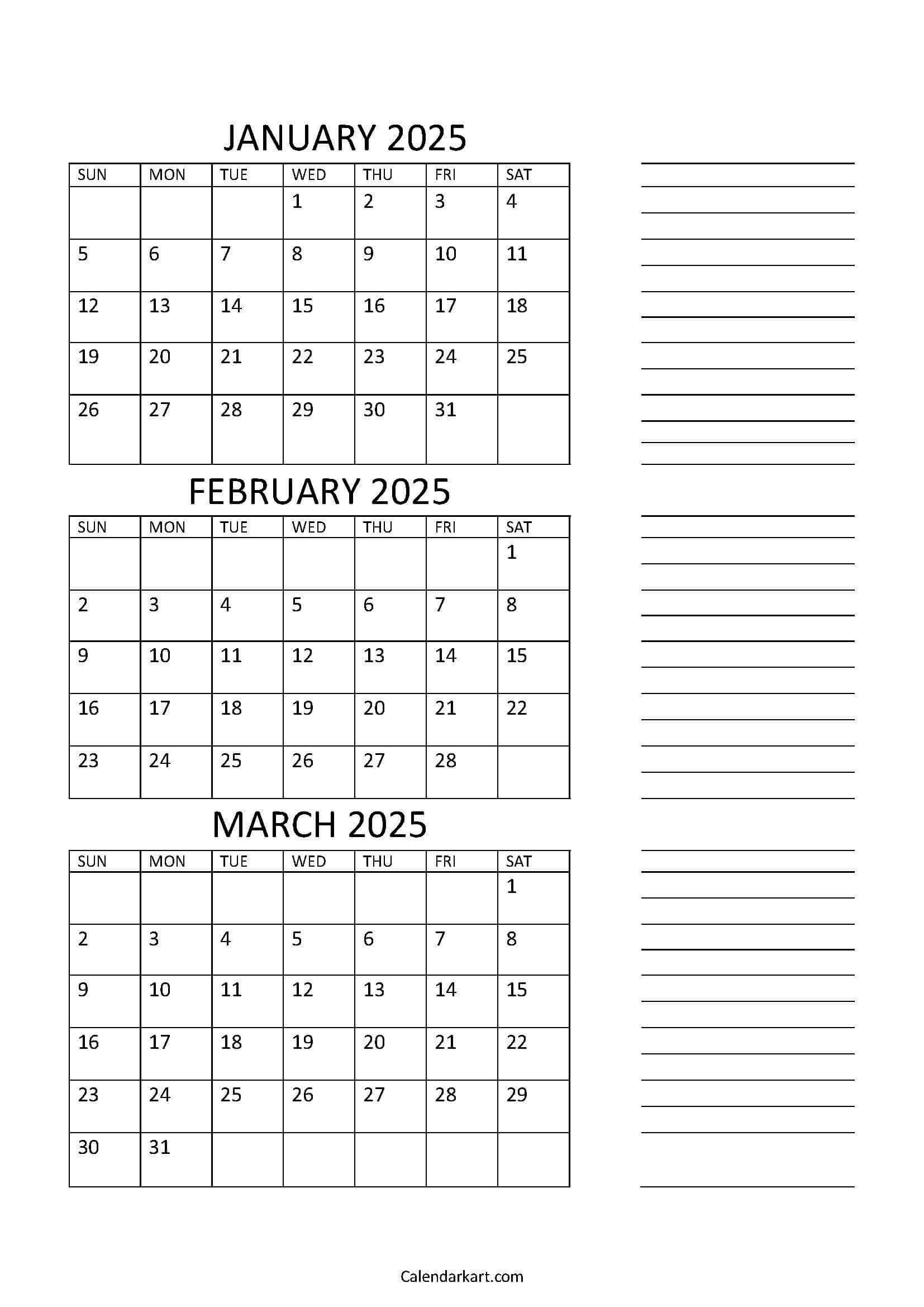 Free Printable January To March 2025 Calendar - Calendarkart - Printable Calendar 2025 January February March