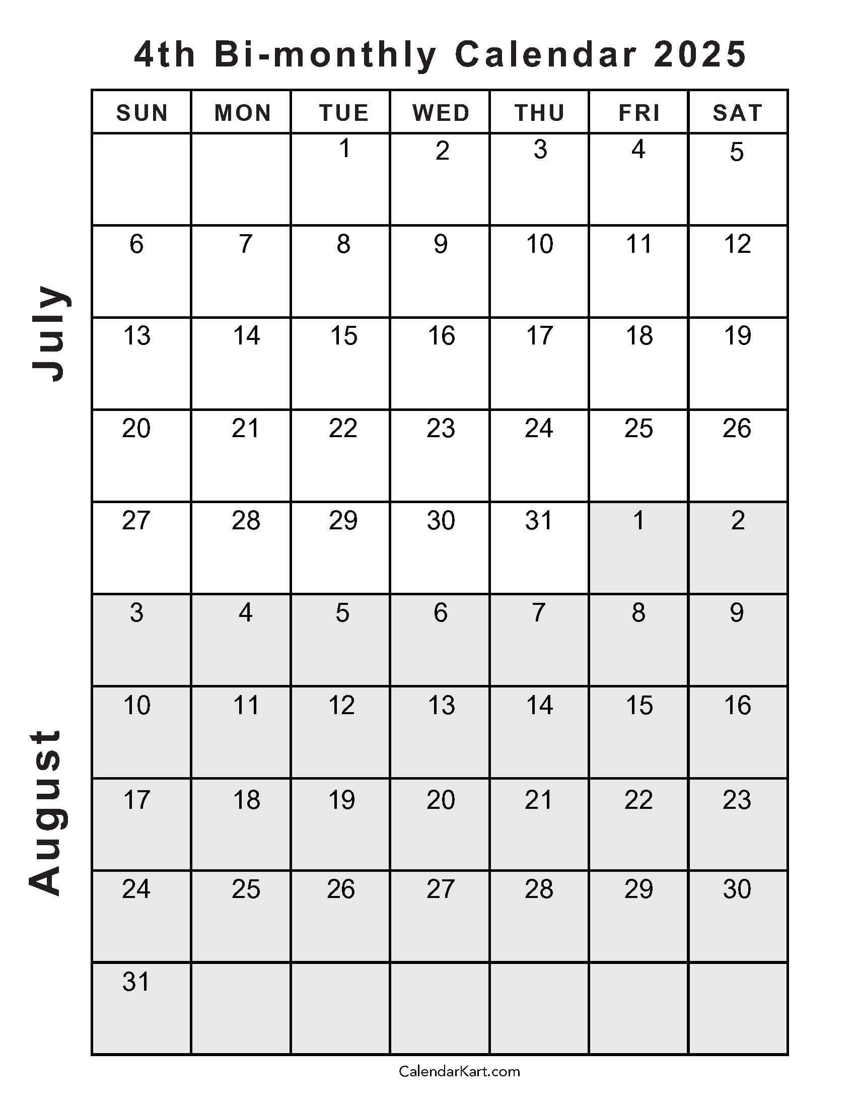 Free Printable July August 2025 Calendar | Calendarkart - Printable Calendar 2025 July July August