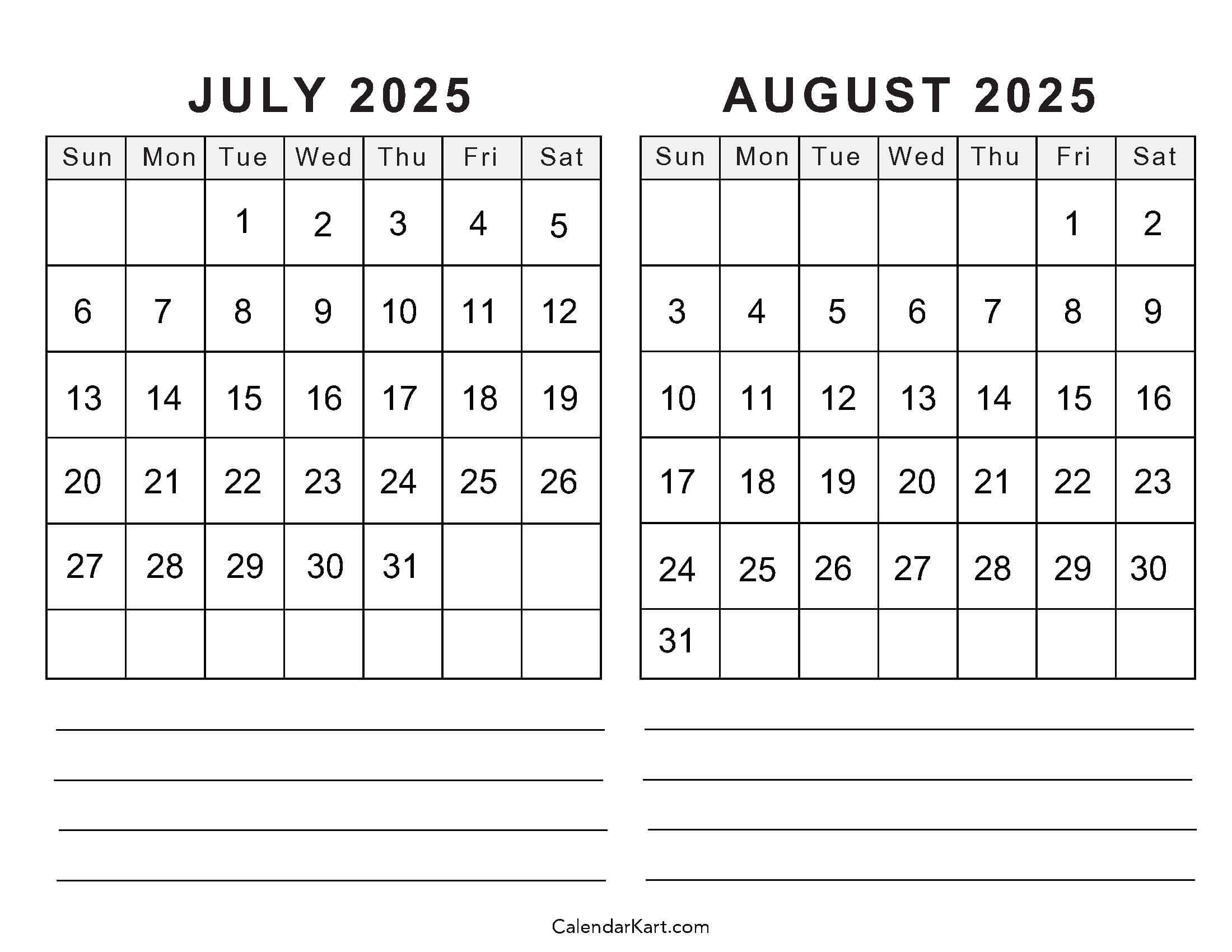 Free Printable July August 2025 Calendar | Calendarkart - Printable Calendar July And August 2025