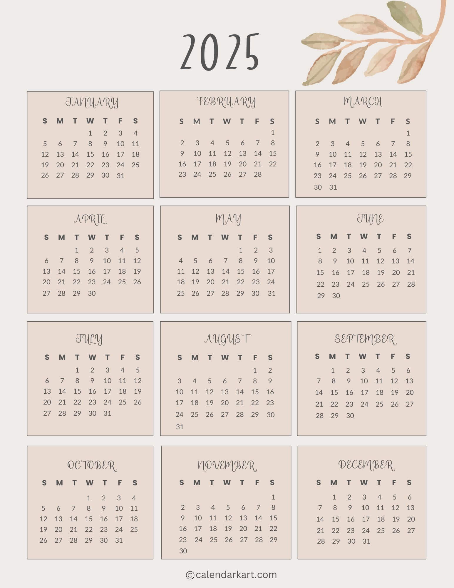 Free Printable Year At A Glance Calendar 2025 - Calendarkart - Free Printable Calendar 2025 At A Glance