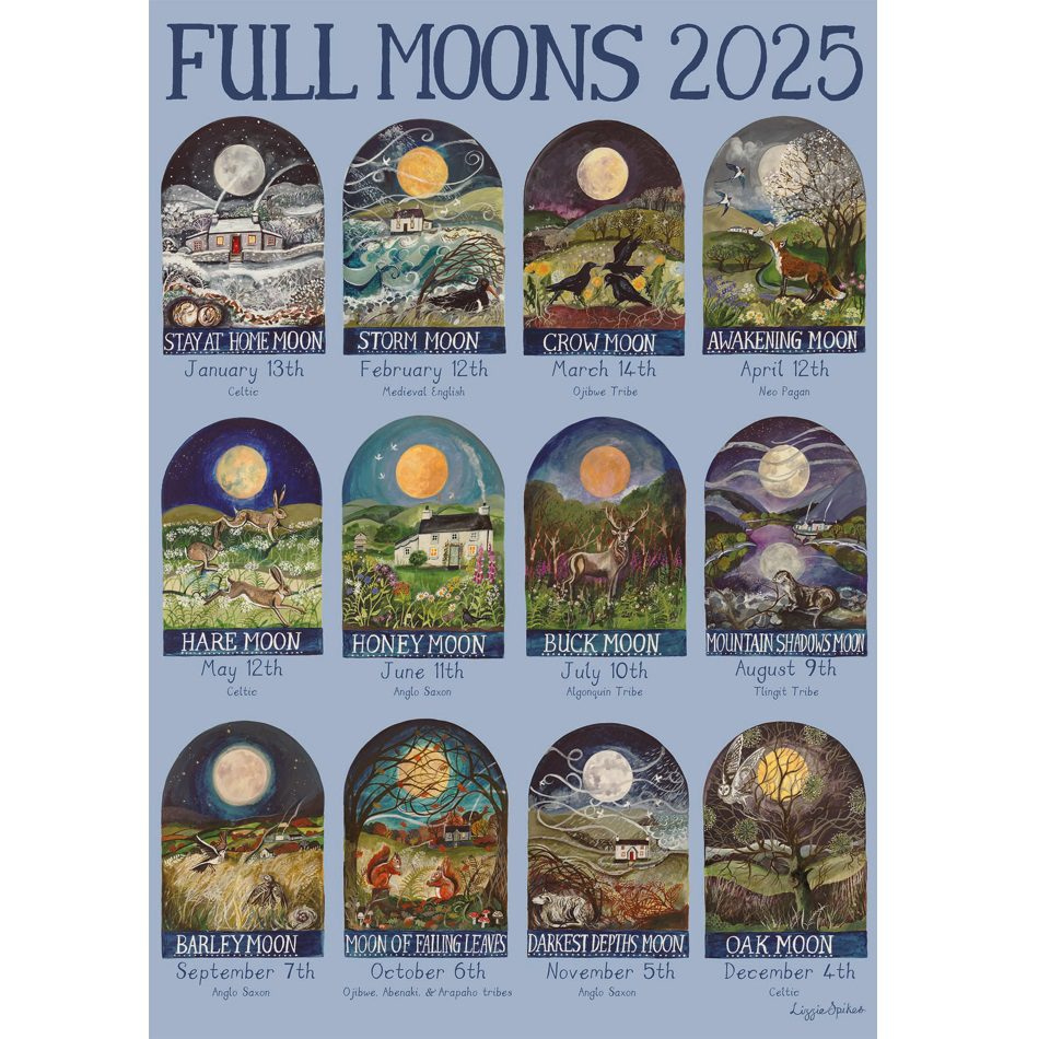 Full Moons 2025 - N. American Version Poster Print | Driftwood Designs - Printable Full Moon Calendar 2025