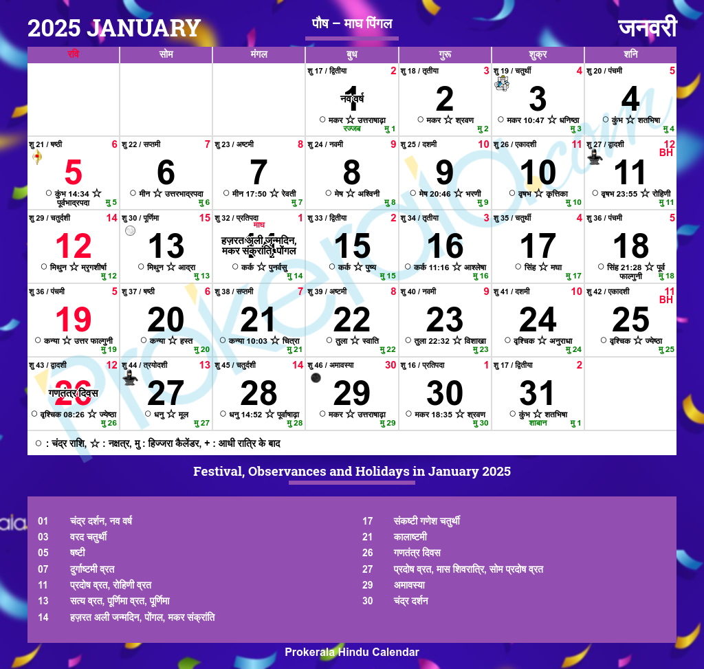 Hindu Calendar 2025 | Festivals | Holidays 2025 - Printable Calendar 2025 Govt Of Rajasthan