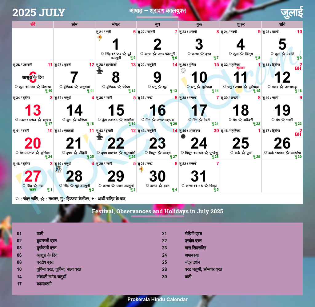 Hindu Calendar 2025, July - July 2025 Hindu Calendar
