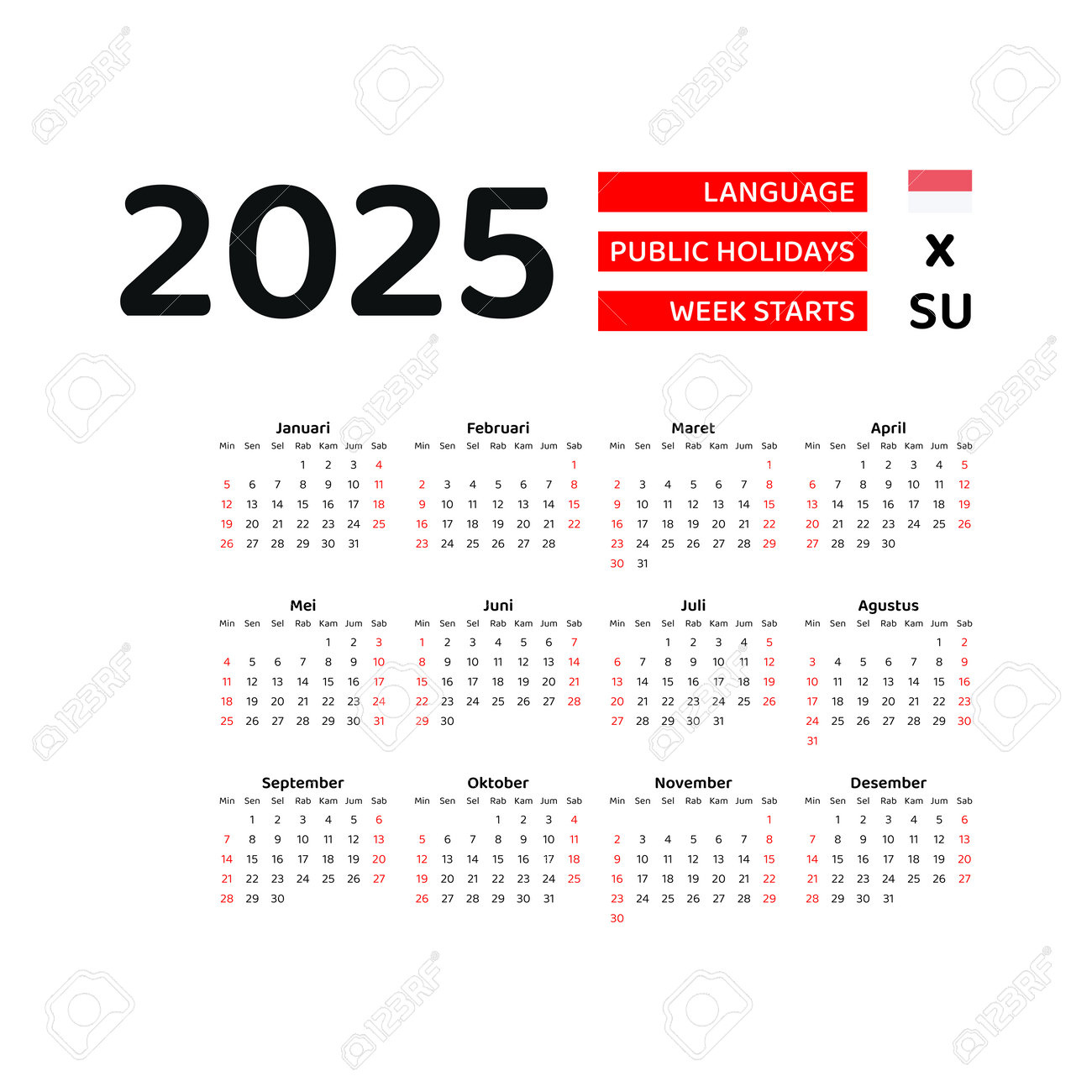 Indonesia Calendar 2025. Week Starts From Sunday. Vector Graphic - Printable Calendar 2025 Lebanon