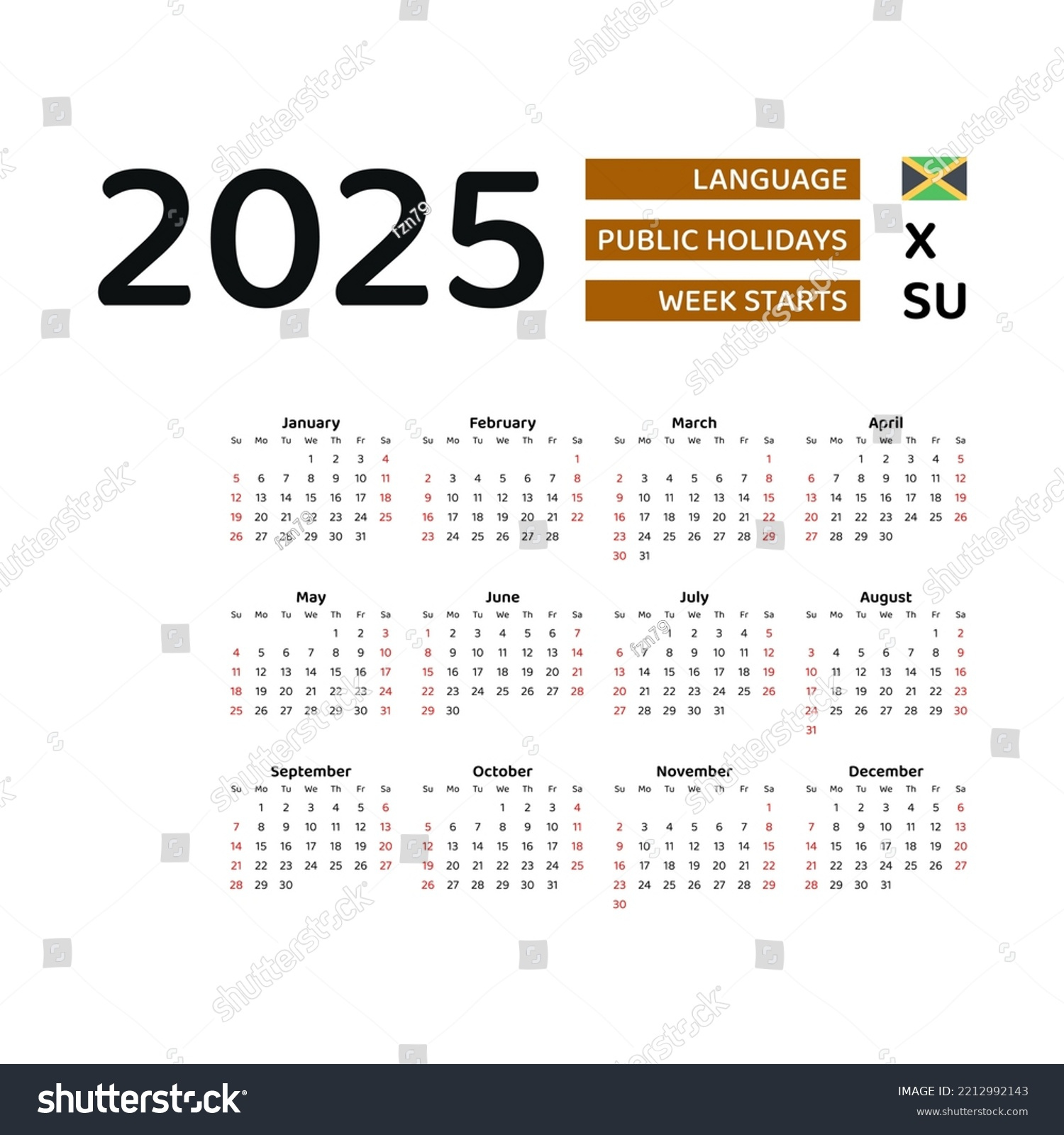 Jamaikanischer Kalender 2025. Die Woche Beginnt: Stock - Printable Calendar 2025 Jamaica