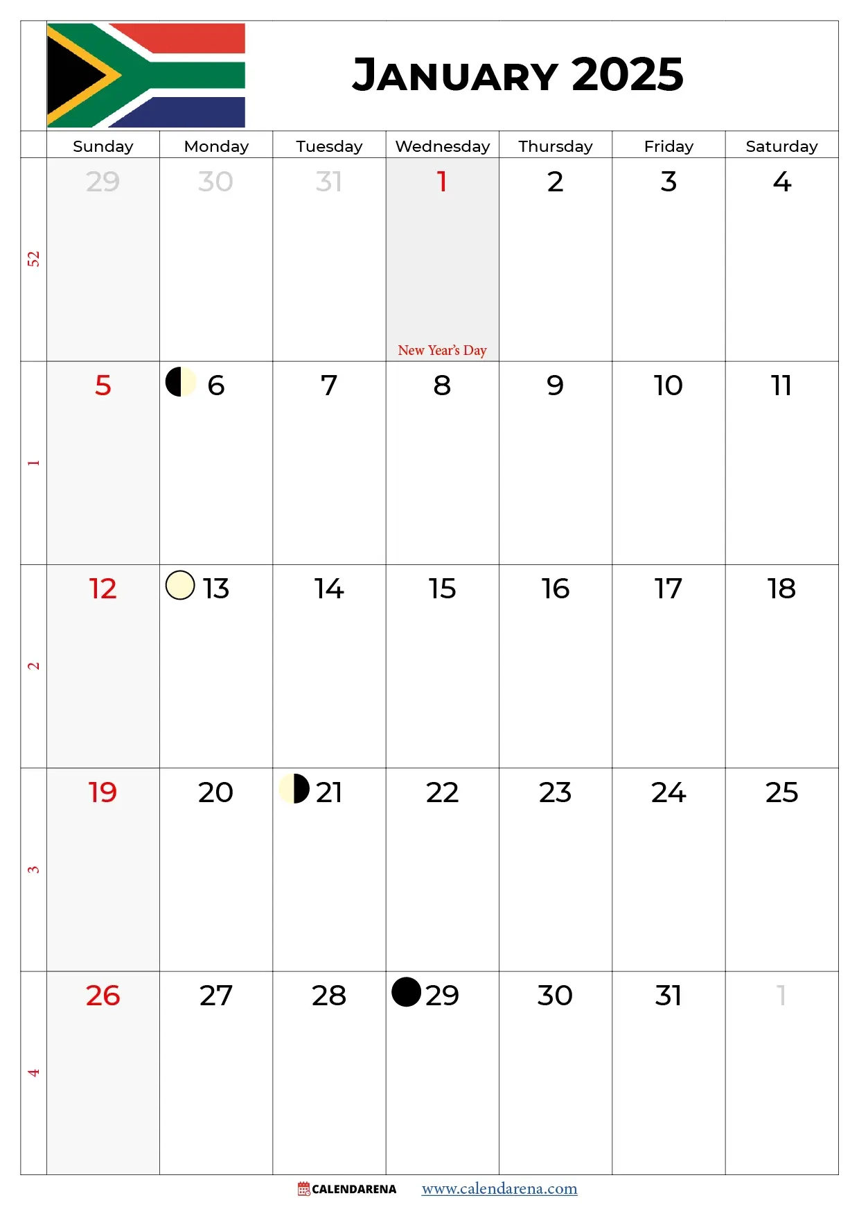 January 2025 Calendar South Africa - Printable Calendar 2025 South Africa Free Download