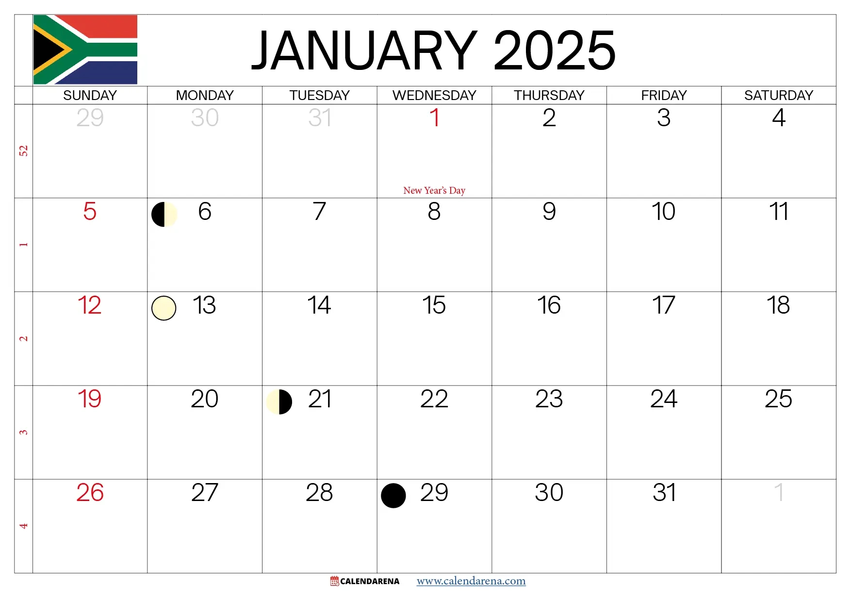 January 2025 Calendar South Africa - Printable Calendar 2025 with Holidays South Africa Download