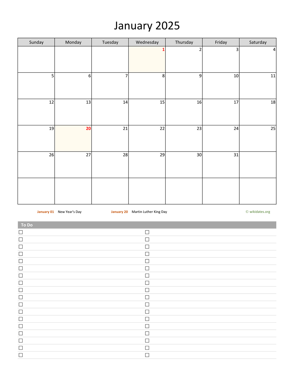 January 2025 Calendar With To-Do List | Wikidates - Printable Calendar 2025 With To Do List