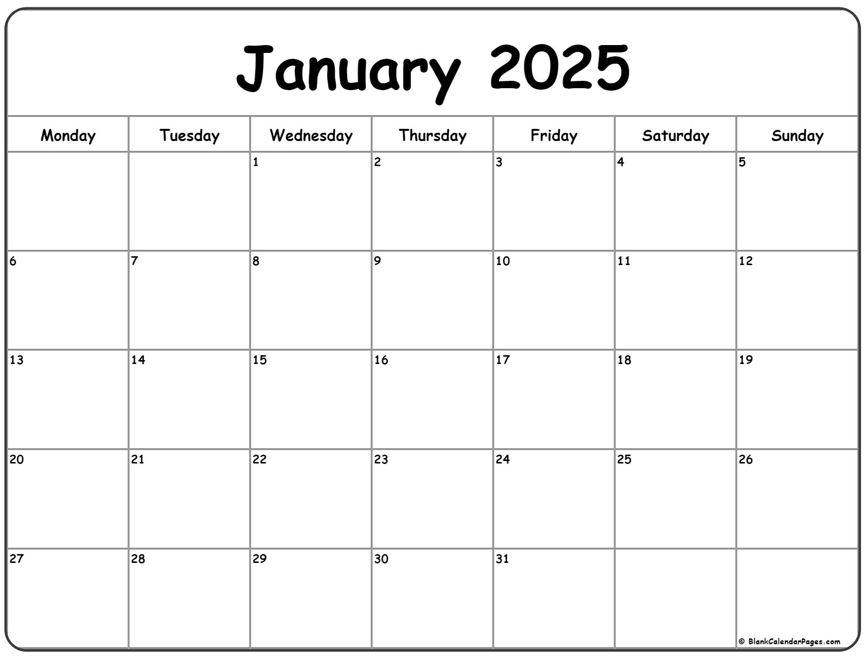January 2025 Monday Calendar | Monday To Sunday - Free Printable Calendar 2025 Monday to Sunday