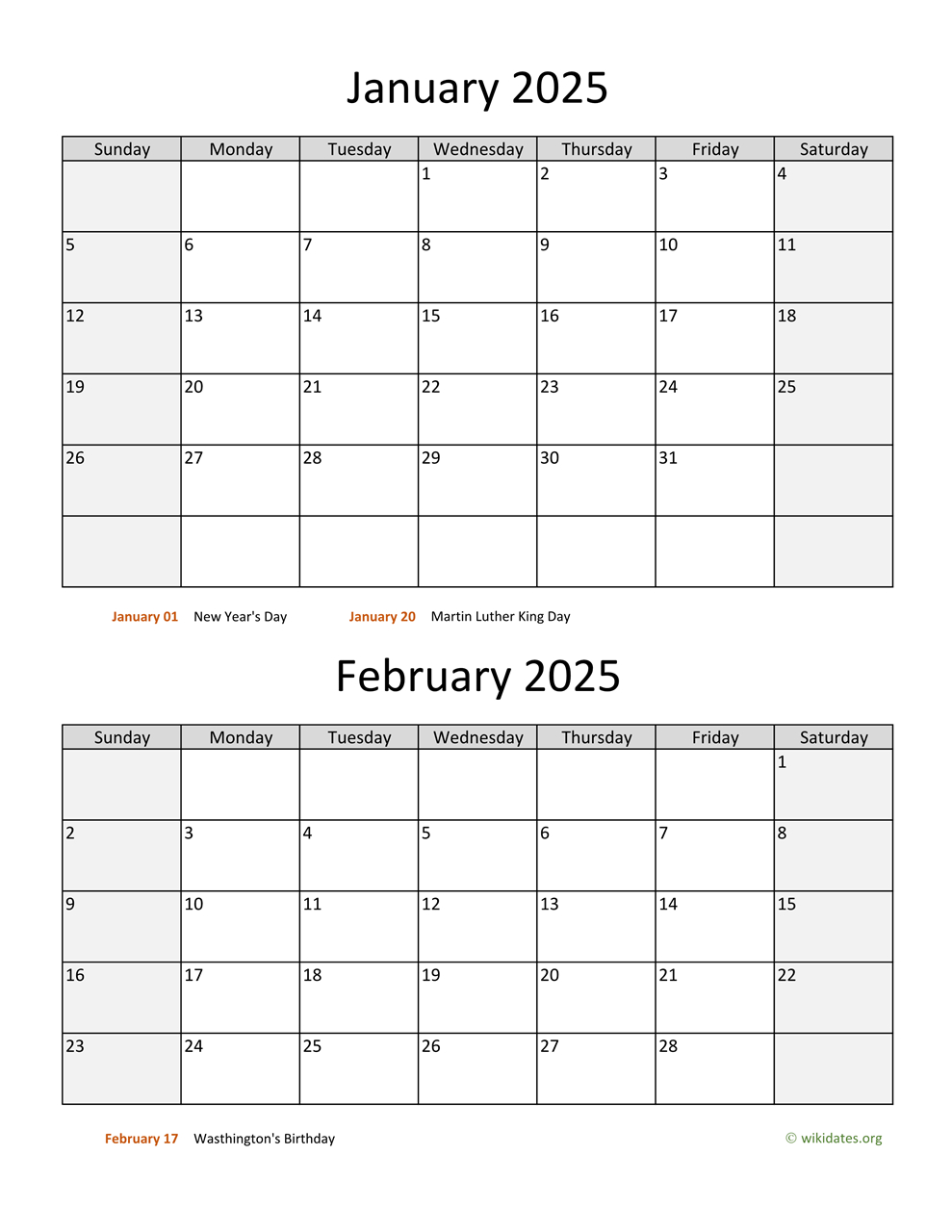 January And February 2025 Calendar | Wikidates - Jan Feb 2025 Calendar Printable