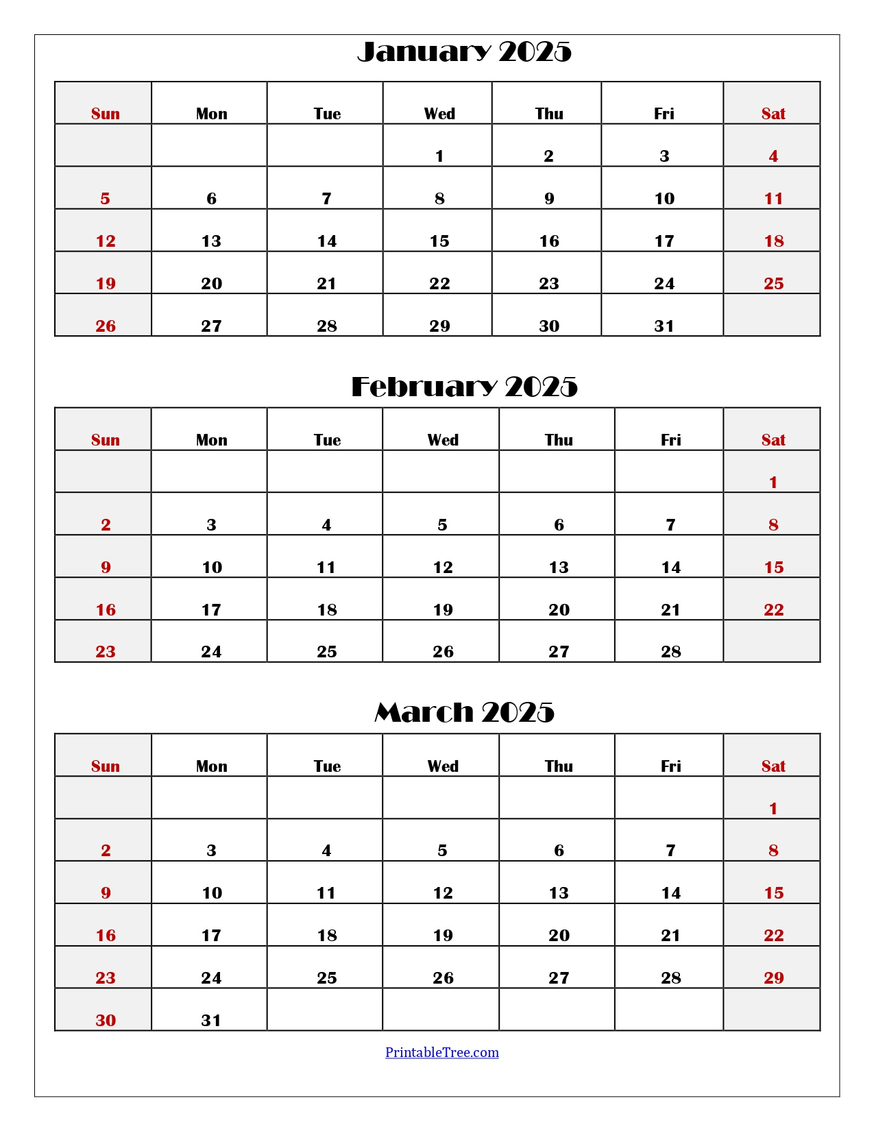 January To March 2025 Calendar | Three Months Calendar - Printable Calendar 2025 January February March