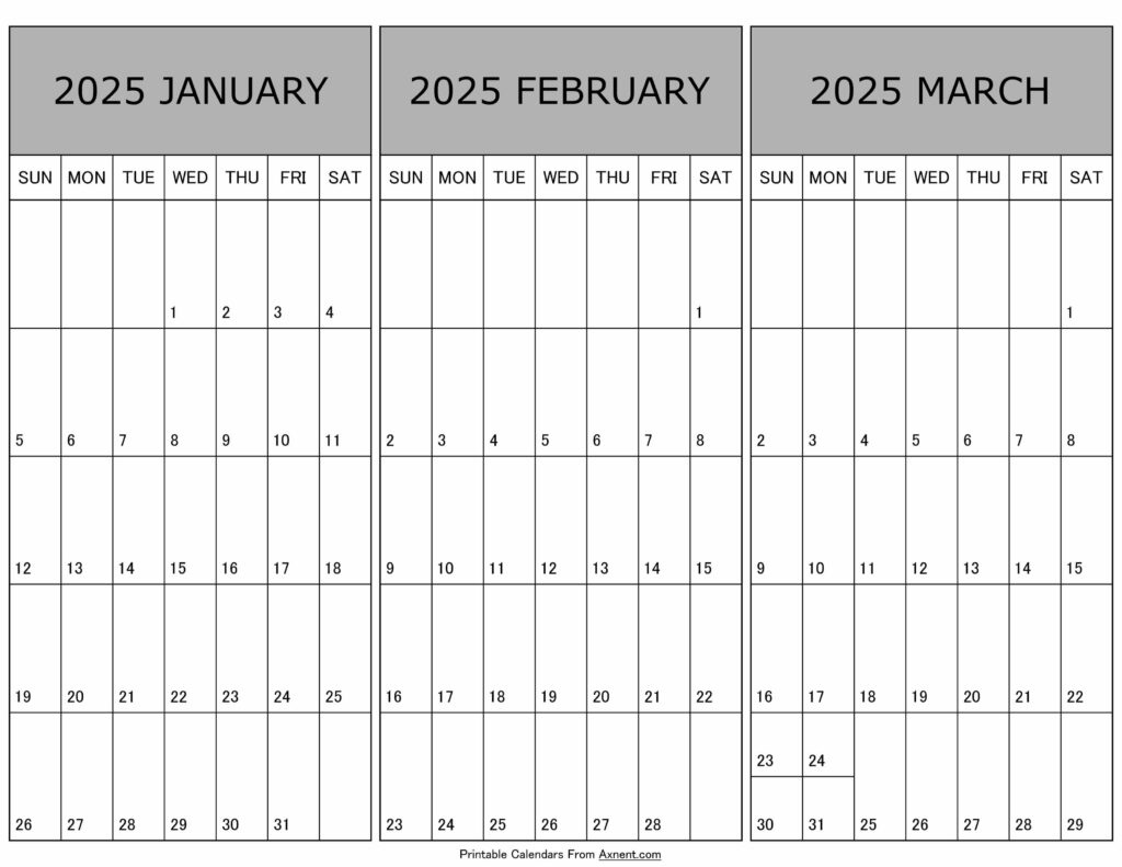 January To March Calendar 2025 Templates - Three Months - Printable Calendar 2025 Jan Feb March